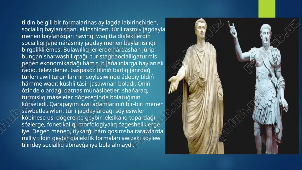 allıq topar (kásiplik, klasslıq, jas) ģa tán bolgan tillik ózgeshelikler bólinip sociolekt delinedi. máselen, áskerler (ásker jargonı), oqiwshılar (mektep jargonı) sóylesiwi, jınayatshılar jargonı, studentler slengi túrli tarawlarda islewshilerdiń kásiplik tili, argoları hám t.b. sociolektlerge mısal bola aladı. sociolekt termini túrli, bir-birine usamaytuğın, uliwmalıq ózgesheliklerine iye bolgan tillik belgilerdi ańlatıw ushın qollanıladı. bul formalar sociallıq shegaralangan adamlar toparınıń . til variantlari\idiomlarining túrleri. idiomning lingvistik qásiyetleriniń onıń funkciyalarına baylanıslılıǵı dialekt, sotsiolekt, etnolekt. naddialekt formaları. dialekt termini ádetde tildiń aymaqlıq sortların ańlatıw ushın qollanıladı hám kóbinese awıl xalqı tárepinen qollanıladıgen sóylew túrlerine salıstırǵanda qollanıladı, eger arnawlı ádebiyatlarda " social dialektlar", " qala dialektlari", " professional dialektlar" hám basqalar sóz dizbegilerin tabıw múmkin. aymaqlıq yamasa jergilikli dialekt óz atı menen tildiń social emes, bálki geografiyalıq bóliniwinen dárek beredi. biraq, aymaqlıq lokalizatsiya milliy tildiń bul tómen sistemasınıń ayriqsha qásiyetlerinen biri bolıp tabıladı. usınıń menen birge, bul social lingvistik túrme-túrlıq bolıp tabıladı, sebebi jergilikli sóylesimde social …