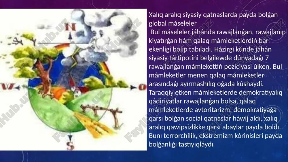 a, turmısda xojalıq áhmiyetine iyelik etiw bolǵan processler, tábiyiy hádiyseler menen baylanıslı bolǵan hár qanday hádiyse túsiniledi. (ıqlım ózgeriwi, haywanlardıń jalpı kóship ketiwi) tábiyaatdaǵı teń salmaqlılıqtıń aynıwı áqibetinde túrli kólemdegi ekologiyalıq máseleler qáliplesip atır. olardı tómendegi toparlarǵa ajıratıw múmkin 1 global (ulıwmadunyalıq ). 2 regional (regionlıq ). 3 lokal (jergilikli). global ekologiyalıq máseleler dúnya boyınsha gúzetiletuǵın tábiyiy, tábiyiy antropogen hám sap antropogen tásirinler nátiyjesinde júzege kelip ulıwmadunyalıqatga tiyisli bolıp tabıladı. áne sonday ekologiyalıq mashqalalardıń geyparaları menen tanısamız : atmosferanıń qapırıqiqish xodisasi. keyingi jıllarda atmosfera quramındaǵı s02 muǵdarı artıp baratırǵanlıǵı málim bolıp qaldı. nátiyjede jer maydanınıń temperaturası aqırǵı 100 jıl ishinde 0, 5-1, 0 gradus arttı íqlımdıń keń kólemde ózgeriwi atmosferanıń sanaat shıǵındıları hám avtotrasnportlardan shıǵıp atırǵan gazlar menen baylanıslı. jer maydanınıń global jılıwı, yaǵnıy atmosferanıń qapırıqiqishi s02 dıń hawa quramında artıp ketiwi, ormanlardıń kesiliwi, toshko'mir hám benzin sıyaqlı janar maylardıń janıwınan atmosferada toplantuǵın s02 gazı sebepli bolıp tabıladı. áne sol …