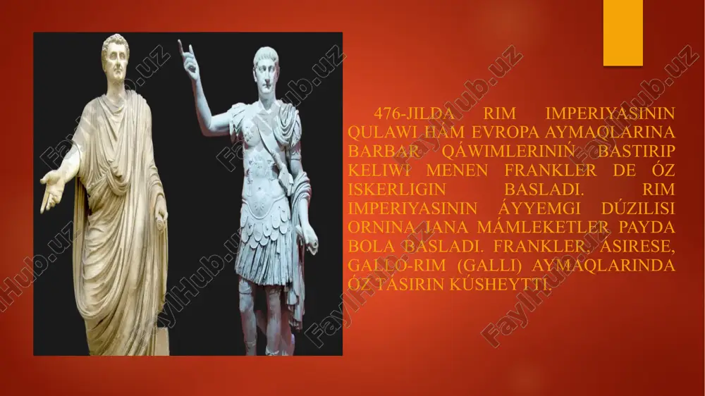 ergan. masalan, bir necha bor konsul etib saylangan — mellobaud frank edi. silvan esa milodiy 355-yilda oʻldirilishidan avval imperator taxtiga muvaffaqiyatsiz daʼvo qila olgan, franklarga mansub general boʻlgan. eng muvaffaqiyatli franklardan biri — arbogast boʻlib, u rim armiyasi safida sadoqatli mehnat qilib, gʻarbiy rim imperiyasining magister militum (askarlar ustasi) mansabiga koʻtarilgan. bu lavozim arbogastga imperiya nomidan tashqari hamma narsani idora qilishga imkon bergan. u boshqaruvni bevosita nazorat qilgan va kamdan kam holda imperator valentinian ii (375–392-yillarda hukmronlik qilgan) ga hisobot bergan. juwmaqlawshi bo`lim. jergilikli gallo-rim xalqın qorǵaw hám jumıs penen támiyinlew sıyaqlı rim tárepinen endi kepillene almaytuģın usınıslar arqalı salianlar galliyanıń arqa-shıǵısında óz kúshin bekkemlewge erisken. merovingler dinastiyasınıń birinshi korolı - xilderik i (hákimlik etken 458-481-jillar) basqarıwı astında salianlar ózin galliya boylap tarqalgan mayda franklıq korollıqlardıń eń qúdiretli sıpatında kórsetken. 481-jilda xilderik qaytıs bolgannan keyin, onıń balası hám miyrasxorı - xlodvig i galliyani basıp alıp, barlıq franklardı óz húkimdarlıǵı astında …