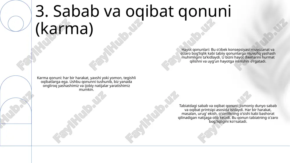 lik ichki o'sishni rivojlantiradi: qurbonlik orqali to'siqlarga duch kelish va ularni engib o'tish bizning chegaralarimizni qiyinlashtiradi va shaxsiy rivojlanishga yordam beradi. qo'yib yuborish harakati mustahkamlik, intizom va kuchli va zaif tomonlarimizni chuqurroq tushunishga yordam beradi. qurbonlik baraka va mo'l-ko'llik keltiradi: garchi bu noto'g'ri tuyulishi mumkin bo'lsa-da, bizda bor narsaning bir qismini qurbon qilish ko'pincha katta daromad keltiradi. qo'shimchalarimizdan xalos bo'lish va chin yurakdan berish orqali biz hayotimizga yangi imkoniyatlar, farovonlik va barakalar uchun joy yaratamiz. 10. qurbonlik qonuni kompensatsiya printsipi: "har bir harakat uchun teng va qarama-qarshi reaktsiya mavjud." har bir xatti-harakat, harakatning xususiyatiga qarab, foyda yoki zarar keltirishi mumkin bo'lgan oqibatlarga ega. sabab va oqibat qonuni: "har bir sababning o'z ta'siri bor". har bir hodisa yoki natijaning uni boshlagan o'ziga xos sababi bor. sababini tushunib, potentsial ravishda ta'sirni taxmin qilish yoki ta'sir qilish mumkin. energiya almashinuvi: "energiya yuqori konsentratsiyali joylardan past konsentratsiyali hududlarga oqib chiqadi". jismoniy energiyaga o'xshab, hissiy …