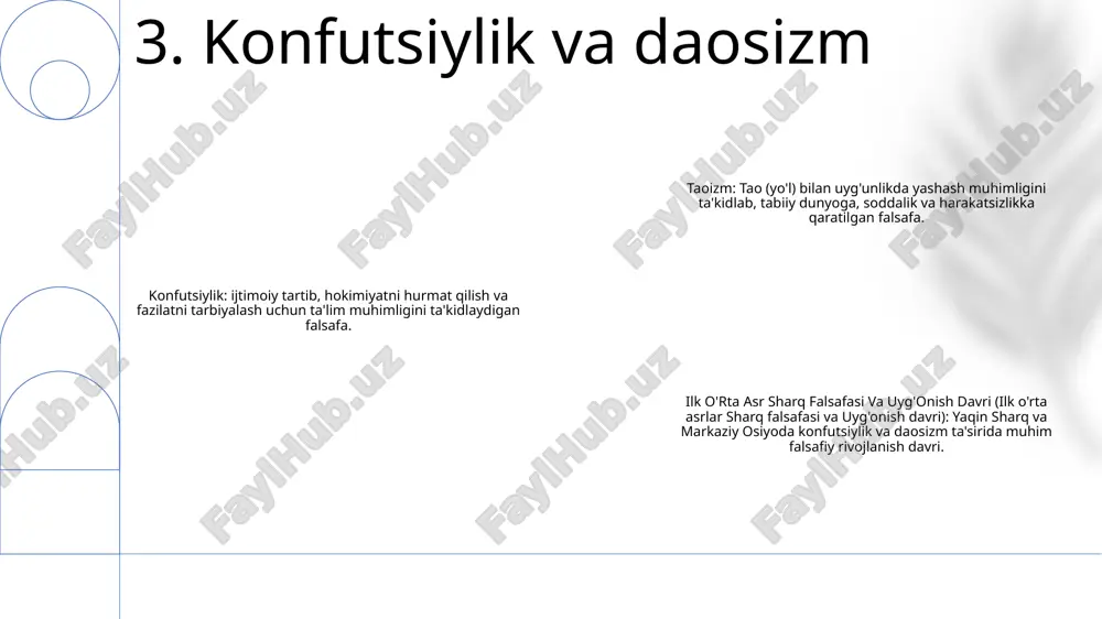 lar, sanʼatkorlar va olimlar yetishib chiqqan. 10. uyg'onish davri uyg'onish va ilk zamonaviy davrda gumanizm - insoniy aql va tajribaning muhimligini ta'kidlab, cherkov hokimiyatini va diniy dogma hukmronligini rad etdi. ma'rifatdagi ratsionalizm - ratsionalizm aqlni bilishning asosiy manbai va voqelik mantiqiy tamoyillar bilan boshqariladi, deb hisoblaydi. u tanqidiy fikrlash va empirik dalillar foydasiga xurofot va an'analarni rad etdi. gumanizm va ratsionalizmning fan, madaniyat va jamiyatga ta'siri - gumanizm va ratsionalizm ilmiy yutuqlarga asos soldi, izlanish va tajriba ruhini tarbiyaladi. ular, shuningdek, siyosiy va ijtimoiy fikrga ta'sir ko'rsatdi, individualizm va tabiiy huquqlar g'oyasini ilgari surdi. 11. gumanizm va ratsionalizm uyg'onish davri san'ati va me'morchiligi - uyg'onish davri klassik yunon va rim modellaridan ilhomlangan evropada badiiy va me'moriy tiklanish davrini belgilab berdi. - uyg'onish davri san'ati realizm, muvozanat va uyg'unlik bilan ajralib turardi ilk o'rta asr sharq falsafasi- o'rta asrlar islom falsafasi yunon, fors va hind tafakkuri chorrahasida rivojlangan.- asosiy faylasuflar orasida …