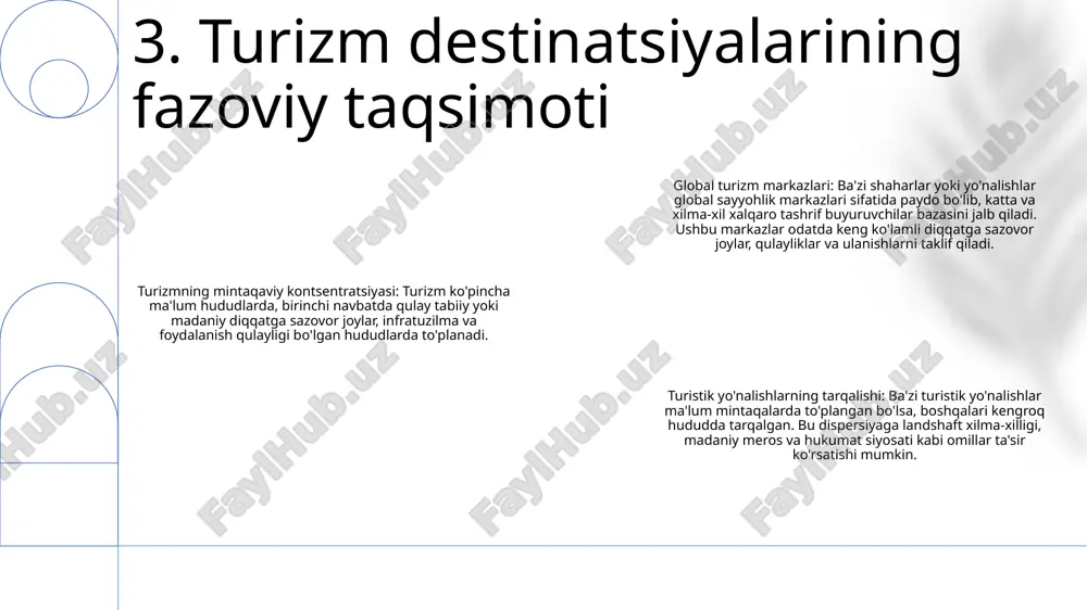 rizm va atrof-muhit o'rtasidagi munosabatlarni o'rganuvchi fanlararo soha. 9. geoturizm geografik taqsimot: butun dunyo boʻylab parklar va qoʻriqlanadigan hududlar, jumladan, turli biomlar, ekotizimlar va iqlim zonalari taqsimotini qamrab oladi. boshqaruv va tabiatni muhofaza qilish: tabiiy hududlardan barqaror foydalanish va muhofaza qilish bo'yicha boshqaruv strategiyalari, tabiatni muhofaza qilish yondashuvlari va xalqaro shartnomalarni o'rganadi. dam olish va turizm: sayyohlik va dam olishda bog'lar va qo'riqlanadigan hududlarning rolini, tashrif buyuruvchilarni boshqarish, infratuzilmani rivojlantirish va iqtisodiy va ijtimoiy ta'sirlarni hisobga olgan holda o'rganadi. 10. parklar va muhofaza qilinadigan hududlar 1: turizmga xizmat ko'rsatish sektorlariturizm turistlarning ehtiyojlarini qondiradigan keng ko'lamli xizmatlarni o'z ichiga oladi, jumladan transport, turar joy, ovqatlanish va ichimliklar, diqqatga sazovor joylar va tadbirlar. ushbu xizmatlar unutilmas va yoqimli sayohat tajribasini yaratish uchun zarurdir. 2: turizm va rekreatsiya geografiyasiturizm va rekreatsiya geografiyasi geografiyaning turizm va rekreatsiyani o’rganishga qaratilgan kichik sohasi. unda turizm resurslarining fazoviy taqsimoti, sayohatlar xulq-atvoriga ta’sir etuvchi omillar, turizm rivojlanishining iqtisodiy …
