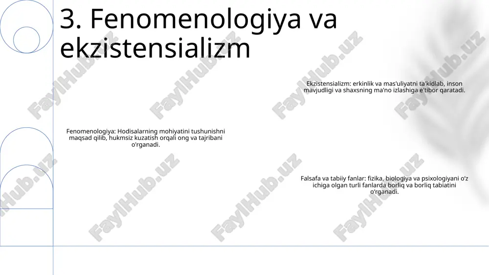 safa ongning tabiatini o‘rganadi, uning mavjudligini, materiya bilan aloqasini va ongning jismoniy bo‘lmagan shakllarining imkoniyatlarini shubha ostiga qo‘yadi. 3. ilmiy va falsafiy sintezlar: neyrologiya va falsafaning integratsiyasi ongni tushunishga multidisipliner yondashuvni ta'minlaydi. ushbu sintez empirik tadqiqotlar va kontseptual asoslar o'rtasidagi bo'shliqni bartaraf etishga qaratilgan bo'lib, ushbu jumboqni har tomonlama tushunishni taklif qiladi. 10. neyrologiya va ong kognitiv fan va idrokning tabiati: tilshunoslik, falsafa, psixologiya, nevrologiya va sun'iy intellektdan olingan tushunchalarni birlashtirgan holda fanlararo nuqtai nazardan bilish tabiatini o'rganadi. falsafa va tabiiy ilmiy fanlarda borliqning mohiyatiga oid konsepsiyalar: examines concepts of existence and essence in philosophy and natural sciences, seeking to understand the fundamental nature of reality. kognitiv fan va falsafa: kognitiv fan va falsafa o'rtasidagi munosabatlarni o'rganadi, ong, ratsionallik va o'z-o'ziga oid falsafiy savollar uchun kognitiv tadqiqotlarning oqibatlarini o'rganadi. 11. kognitiv fan va bilishning tabiati hayot ma'nosining axloqiy o'lchovlari etika hayotning maqsadi va yo'nalishini belgilashda hal qiluvchi rol o'ynaydi. u …