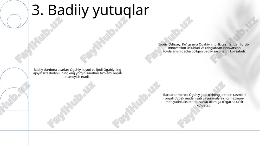 kiritadi. 3: izohlar va tushuntirishlar mavjudlikni oshirish uchun matnlar keng qamrovli izohlar va tushuntirishlar bilan birga keladi. bu izohlar adabiy tashbehlarga oydinlik kiritadi, tarixiy murojaatlarni izohlaydi, ogahiyning o‘ziga xos uslubi va dunyoqarashini anglashga yo‘l-yo‘riq beradi. 9. ko'rinmas asarlar va arxivlar hozirgi dolzarbligi: “ogahiy hayoti va ijodi” asari atoqli o‘zbek shoiri hayoti va kurashlari haqida tushunchalar beruvchi o‘ta dolzarbligicha qolmoqda. unda milliy o‘ziga xoslik, madaniy meros va o‘zgaruvchan jamiyatda ijodkorlar duch keladigan muammolar mavzulari o‘rganiladi. kelajak salohiyati: asar ogahiyning adabiy-tarixiy ahamiyatiga oid keyingi tadqiqot va tahlillar uchun salohiyatga ega. xuddi shu davrdagi boshqa oʻrta osiyo shoirlarining hayoti va ijodini qiyosiy oʻrganish uchun manba sifatida foydalanish mumkin. tarbiyaviy ahamiyati: “ogahiy hayoti va ijodi” o‘zbek adabiyoti, tarixi va madaniyatiga qiziquvchi talaba va olimlar uchun qimmatli ma’rifiy manba bo‘lib xizmat qiladi. unda ogahiy hayoti va xizmatlari to‘g‘risida to‘liq ma’lumot berib, o‘zbekiston adabiy merosini chuqurroq anglashga yordam beradi. 10. hozirgi dolzarbligi va kelajak salohiyati e'tiboringiz …