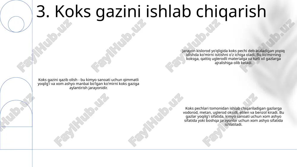 mini yonish kamerasiga qayta kiritish orqali yonish samaradorligini oshirish usuli. afzalliklari: nox emissiyasini kamaytirish, yonish barqarorligini oshirish, yoqilg'ini tejash imkoniyati. ilovalar: gaz turbinalari, sanoat pechlari va nox nazorati va yonishni optimallashtirish zarur bo'lgan boshqa yonish tizimlari. 9. gaz aylanmasi qo'shimcha mahsulotni qayta tiklash: chiqindi oqimlaridan qimmatbaho mahsulotlarni qayta tiklash, atrof-muhitga ta'sirni kamaytirish va resurslar samaradorligini oshirish. koks gazini qaytib ishlash: kimyoviy ishlab chiqarish uchun qimmatli energiya manbai va xom ashyo sifatida koks gazidan foydalanish. chiqindilarni issiqlikni qayta tiklash: boshqa ilovalarda foydalanish uchun sanoat jarayonlaridan chiqindi issiqlikni olish, energiya sarfini va chiqindilarni minimallashtirish. 10. qo'shimcha mahsulotni qayta tiklash emissiya nazorati, koks gazini qayta ishlash:- emissiyani kamaytirish va yoqilg'i samaradorligini oshirishni ta'minlaydi.- isitish yoki energiya ishlab chiqarish uchun koks gazini qayta ishlatadi. koks gazini qayta tiklash emissiyalarni kamaytiradi: - metan, karbonat angidrid va yonish paytida ajralib chiqadigan boshqa zararli gazlarni ushlab turing va kamaytiring. - atmosferaga zararli issiqxona gazlarining chiqishini kamaytiradi. koks …