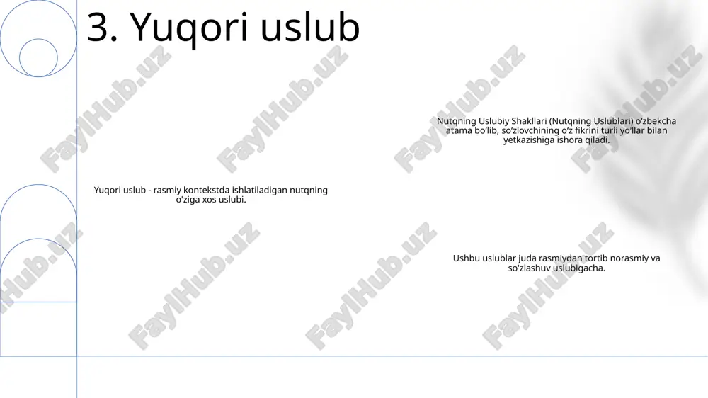 'zlashadigan til shakli. u soʻz boyligi, grammatikasi va talaffuzi jihatidan standart tildan farq qiladi. nutqning uslubiy shakllari: nutq yoki yozuvning stilistik shakllariga ishora qiladi. u xabarni etkazishning turli usullarini o'z ichiga oladi, ularning har biri o'ziga xos maqsad va ta'sirga ega. nutqning uslubiy shakllarida xalq tili: xalq tili adabiy yoki rasmiy sharoitlarda qo'llanilsa, u haqiqiylik, o'zaro bog'liqlik va tinglovchilar bilan aloqadorlik hissini yaratishi mumkin. u yozuvni so'zlashuv va norasmiy ohang bilan singdirib, uni yanada qulay va qiziqarli qiladi. 13. xalq tili e'tiboringiz uchun rahmat @taqdimot_robot image1.png /docprops/thumbnail.jpeg