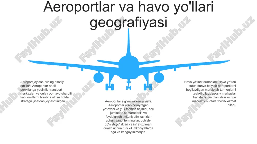 k izlarini kamaytirish uchun barqaror amaliyotlarni, jumladan, elektr va gibrid samolyotlarga o'tish, bioyoqilg'ilarni qabul qilish va uglerodni o'zgartirish dasturlarini amalga oshirishni o'zlashtirmoqda. shaxsiylashtirish: aviakompaniyalar shaxsiy sayohatchilar uchun xizmatlarni moslashtirib, mobil ilovalar orqali shaxsiy tajribani taklif qilish, samolyotda o'yin-kulgilarni moslashtirish va moslashtirilgan tarif tuzilmalarini taklif qiladi. xulosa bu transport geografiyasining bir bo'limi bo'lib, havo transporti tamoyillari va shakllari bilan shug'ullanadi. havo transporti geografiyasini o‘rganish havo transportining rivojlanishi, uning jahon iqtisodiyotidagi roli va atrof-muhitga ta’sirini tushunishga yordam beradi. havo transporti geografiyasi geografiya sohasida muhim o'rin tutadi. e'tiboringiz uchun rahmat @taqdimot_robot image12.jpg image3.jpg image2.jpg /docprops/thumbnail.jpeg
