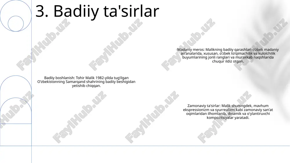 etayotgan tadqiqot loyihalari, jumladan, uning tili, tasvirlari va ijtimoiy sharhlari bo'yicha tadqiqotlar orqali o'rganilmoqda. xalqaro eʼtirof: “hayoti va ijodi” xalqaro miqyosda tobora koʻproq eʼtirofga sazovor boʻlmoqda, turli tillarda tarjima va tadqiqotlar paydo boʻlib, uning global taʼsir doirasi va taʼsiri kengaymoqda. raqamli saqlash: malikning asarlari, jumladan, uning qo‘lyozmalari, maktublari va boshqa materiallarini raqamli ko‘rinishga keltirish va saqlab qolish, ularning kelajak avlod olimlari va kitobxonlari uchun ochiqligini ta’minlash bo‘yicha ishlar olib borilmoqda. 12. joriy loyihalar va kelajakdagi yo'nalishlar tohir malikning adabiy merosi: uning asarlarida milliy o‘zlikni anglash, ijtimoiy adolat va insoniy holat mavzulari o‘rganiladi. o‘zbek adabiyotiga ta’siri: tohir malikning yangicha yozish uslubi va dadil mavzulari kelajakdagi adabiy taraqqiyotga yo‘l ochdi. barqaror ahamiyati: tohir malik asarlari o‘zbek adabiyotining durdonalari sifatida o‘qish, o‘rganish va tarannum etishda davom etmoqda. 13. xulosa e'tiboringiz uchun rahmat @taqdimot_robot image1.png /docprops/thumbnail.jpeg