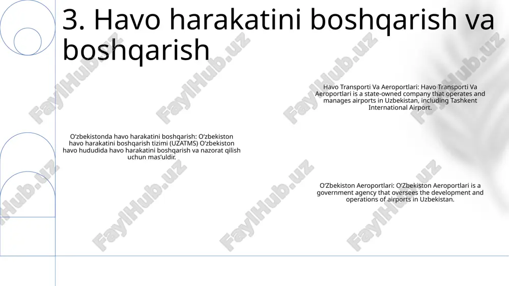 u mamlakatni dunyoning yirik shaharlari bilan bog'lab, ichki va xalqaro reyslarga xizmat ko'rsatadi. aeroportda bitta yoʻlovchi terminali mavjud boʻlib, soatiga 1500 yoʻlovchini qabul qilish imkoniyati mavjud. navoiy xalqaro aeroporti (nvi): gʻarbiy oʻzbekistonning navoiy shahrida joylashgan. u asosan ichki reyslarga xizmat ko'rsatadi, xalqaro aloqalar cheklangan. aeroportda bitta yoʻlovchi terminali mavjud boʻlib, soatiga 250 nafar yoʻlovchini qabul qilish imkoniyati mavjud. buxoro xalqaro aeroporti (bhk): oʻzbekistonning markaziy qismidagi buxoro shahrida joylashgan. u mahalliy va xalqaro reyslarni qabul qiladi, mintaqaviy yo'nalishlarga ulanishni ta'minlaydi. aeroportda bitta yoʻlovchi terminali mavjud boʻlib, soatiga 200 nafar yoʻlovchini qabul qilish imkoniyati mavjud. 9. toshkentdagi aeroportlar qarshi aeroporti: qarshi shahri janubi-sharqida joylashgan boʻlib, surxondaryo viloyatiga xizmat koʻrsatadi. u ichki reyslarni va ba'zi xalqaro aloqalarni amalga oshiradi. namangan aeroporti: sharqiy oʻzbekistondagi namangan shahri yaqinida joylashgan boʻlib, u asosan fargʻona vodiysidagi mintaqaviy yoʻnalishlarga xizmat koʻrsatadi. termiz aeroporti: janubiy termiz shahrida joylashgan boʻlib, surxondaryo viloyatiga havo qatnovini taʼminlaydi. u ham ichki, ham xalqaro …