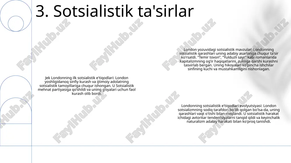 yoritib, ijtimoiy o'zgarishlar harakatlarini ilhomlantirdi. 3. atrof-muhitni muhofaza qilish: londonning tabiatga bo'lgan muhabbati uning asarlarida yaqqol namoyon bo'ladi, u ko'pincha odamlar va tabiat o'rtasidagi nozik muvozanatni o'rganadi. uning asarlari atrof-muhit muammolari haqida xabardorlikni oshirdi va tabiatni muhofaza qilish harakatiga hissa qo'shdi. 10. meros va ta'sir 1: jek londonning adabiy merosi omon qolish, tabiat va inson tabiati mavzularini o'rganuvchi "yovvoyi chaqiriq" va "oq tish" kabi klassik romanlarni o'z ichiga oladi. 2: londonning sarguzasht ruhi va turli xil hayotiy tajribalari, dengizchi bo'lib ishlashdan sotsialistik faol bo'lishgacha, uning yozilishiga ta'sir ko'rsatdi va asarlariga haqiqiylik va chuqurlik berdi. 3: o'zining kurashlari va bevaqt o'limiga qaramay, jek london ortda keng o'qilishi va hayratlanishi, yozuvchi va kitobxonlarning avlodlarini ilhomlantiruvchi asar qoldirdi. 11. xulosa e'tiboringiz uchun rahmat @taqdimot_robot image1.png /docprops/thumbnail.jpeg