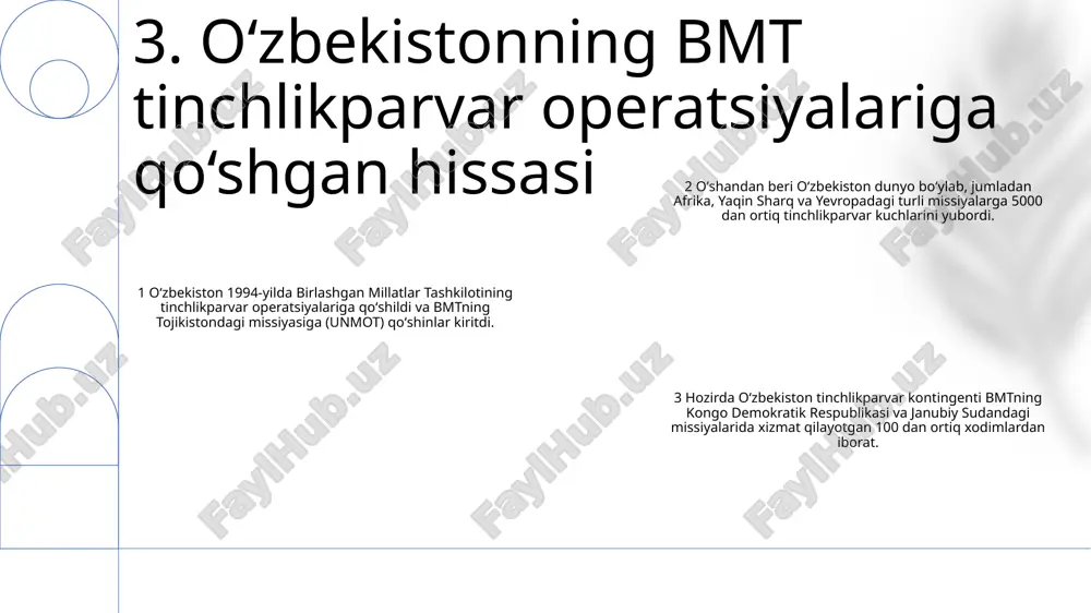 the uzbek government to implement development programs and promote human rights. birlashgan millatlar tashkilotining barqaror taraqqiyot maqsadlariga erishish yo'lidagi hamkorlik o'zbekiston va bmt barqaror taraqqiyot maqsadlariga (sdgs) erishish uchun iqtisodiy o'sish, ijtimoiy inklyuziya va ekologik barqarorlik kabi sohalarda birgalikdagi sa'y-harakatlar bilan hamkorlik qiladi. 8. o'zbekistonning bmt taraqqiyotiga yordam ko'rsatishdagi roli o‘zbekistonning bmt nizomiga sodiqligi: o‘zbekiston bmtning faol a’zosi bo‘lib, bmt nizomida mustahkamlangan tamoyillarga, jumladan tinchlik, xavfsizlik va barqaror rivojlanishni qo‘llab-quvvatlashga sodiqdir. o‘zbekistonning bmt agentliklari bilan hamkorligi: o‘zbekiston qashshoqlikni qisqartirish, ta’lim va sog‘liqni saqlash kabi masalalarni hal etishda bmtning turli agentliklari, jumladan, bmttd, yunesko va yunisef bilan yaqindan hamkorlik qiladi. oʻzbekistonning mintaqaviy barqarorlikdagi roli: oʻzbekiston afgʻoniston va boshqa beqaror mintaqalar bilan chegaradosh boʻlganligi sababli markaziy osiyoda barqarorlik va xavfsizlikni taʼminlashda muhim rol oʻynaydi. o‘zbekiston umumiy xavfsizlik muammolarini hal etish bo‘yicha shanxay hamkorlik tashkiloti kabi mintaqaviy tashabbuslarda faol ishtirok etadi. 9. o'zbekistonning bmt nizomi tamoyillariga sodiqligi kengaytirilgan hamkorlik: o‘zbekiston global tinchlik, barqarorlik …