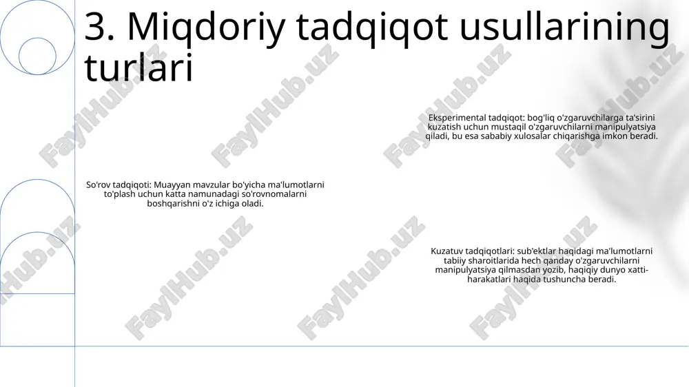 turi, tadqiqot dizayni va namuna olish usulini o'z ichiga oladi ma'lumotlarni to'plash va talqin qilish:- ma'lumotlarni yig'ish tegishli ma'lumotlarni to'plash uchun tegishli vositalar va usullardan foydalanishni o'z ichiga oladi.- ma'lumotlarni sharhlash statistik tahlil va sifatli tushunchalar orqali to'plangan ma'lumotlardan mazmunli xulosalar chiqarishni o'z ichiga oladi. 8. miqdoriy ma'lumotlarni tahlil qilish tadqiqot natijalari: hisobot berish - tadqiqot maqsadlari, usullari va natijalarini aniq ifodalash. - topilmalarni ob'ektiv ravishda taqdim eting, har qanday potentsial qarama-qarshiliklarga yo'l qo'ymaslik. - ma'lumotlarni tasvirlash va sharhlashni osonlashtirish uchun tegishli jadval va grafiklardan foydalaning. metodologiyalar: tanlash va qo'llash - tadqiqot maqsadlari va savollariga mos keladigan tadqiqot usullarini diqqat bilan tanlang. - har bir usulning kuchli va cheklovlarini ko'rib chiqing metodologiyalar: foydalanish va amaliylik- ma'lumotlarning reprezentativligini ta'minlash uchun tegishli tanlab olish usullaridan foydalaning.- ma'lumotlarni ishonchli va asosli tarzda to'plang, aniqlik va ishonchlilikni ta'minlang.- ma'noli xulosalar chiqarish uchun tegishli statistik usullardan foydalangan holda ma'lumotlarni tahlil qiling. 9. tadqiqot natijalari haqida …