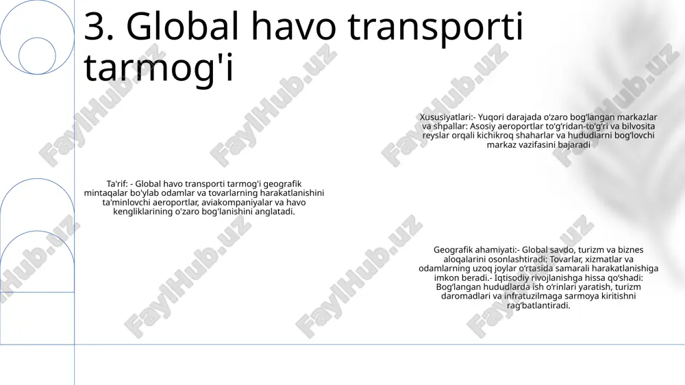 ansporti bandlik: havo transporti butun dunyo bo'ylab millionlab ish o'rinlarini bevosita va bilvosita qo'llab-quvvatlaydi. u aviakompaniyalar, aeroportlar, havo harakatini boshqarish, texnik xizmat ko'rsatish va boshqa tegishli sohalarni o'z ichiga oladi. turizm va savdo: havo transporti turizm va xalqaro savdo uchun hal qiluvchi ahamiyatga ega. bu biznesga tovarlar va xizmatlarni tez va samarali olib o'tish imkonini beradi, shu bilan birga sayyohlarning butun dunyo bo'ylab yo'nalishlarga harakatlanishini qo'llab-quvvatlaydi. iqtisodiy rivojlanish: havo transporti mintaqalarni jahon bozorlari bilan bog'lash, sarmoya kiritish va mahalliy biznes uchun imkoniyatlar yaratish orqali iqtisodiy rivojlanishni kuchaytirishi mumkin. 9. havo transportining iqtisodiy ta'siri xalqaro fuqaro aviatsiyasi tashkiloti (icao): icao bmtning ixtisoslashgan agentligi boʻlib, butun dunyo boʻylab fuqaro aviatsiyasi uchun standartlar va qoidalarni belgilaydi. bu xalqaro havo transportining xavfsizligi, xavfsizligi, samaradorligi va muntazamligini ta'minlaydi. federal aviatsiya ma'muriyati (faa): faa - bu mamlakatda fuqaro aviatsiyasining barcha jihatlarini tartibga solish va nazorat qilish uchun mas'ul bo'lgan qo'shma shtatlar hukumati agentligi. u aqsh havo …