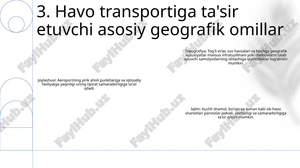h va siyosatni ishlab chiqish tamoyillari va amaliyotlariga murojaat qiladi.- hukumat, xususiy sektor va jamiyat manfaatdor tomonlarning transport qarorlarini qabul qilishdagi rolini oʻrganadi.- transport tizimlarini optimallashtirish uchun turli rejalashtirish vositalari va usullaridan foydalanishni oʻrganadi. 9. iqtisodiy mulohazalar texnologik o'zgarishlar: samolyotlarni loyihalash va muhandislik sohasidagi yutuqlar havo transportining samaradorligi va imkoniyatlarini oshirdi, bu esa kattaroq samolyotlarga yuqori yoqilg'i samaradorligi bilan uzoq masofalarga parvoz qilish imkonini berdi. yangi materiallar va qurilish: kompozitlar va ilg'or ishlab chiqarish texnikasi kabi engil materiallarni joriy etish samolyot og'irligini kamaytirdi, aerodinamikani yaxshiladi va yoqilg'i samaradorligini oshirdi. ma'lumotlar tahlili va sun'iy intellekt: ma'lumotlar tahlili va ai parvoz yo'llarini optimallashtirish, texnik xizmat ko'rsatish ehtiyojlarini bashorat qilish va shaxsiylashtirilgan xizmatlar va real vaqtda parvoz ma'lumotlarini taqdim etish orqali yo'lovchilar tajribasini yaxshilash uchun ishlatiladi. 10. texnologik yutuqlar infratuzilmani rivojlantirish: yo'llar, ko'priklar, aeroportlar, temir yo'llar va iqtisodiy o'sish va harakatchanlik uchun zarur bo'lgan boshqa infratuzilmalarni qurish va yaxshilashni o'z ichiga oladi. havo …