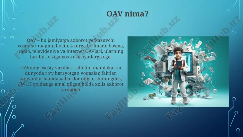 kabi miqdoriy ko'rsatkichlar qo'llaniladi, bu o'lchov auditoriyaning faktlarni ajrata olish qobiliyatini ifodalaydi. qiyinchiliklar va yechimlar qiyinchilik: oavga nisbatan ishonchsizlik, ayniqsa ijtimoiy tarmoqlarda, faktlarni tekshirishning pastligi sababli. yechim: 10 dan ortiq fakt-tekshirish tashkilotlarini qo'llab-quvvatlash va 5000 ga yaqin fakt-tekshiruvchilarni o'qitish. qiyinchilik: raqamli savodsizlik darajasining pastligi, ayniqsa qishloq joylarda, oavdan noto'g'ri foydalanishga olib keladi. yechim: 300 dan ortiq qishloq markazlarida raqamli savodxonlik bo'yicha o'quv kurslarini tashkil etish. xulosa va tavsiyalar xulosada, ommaviy axborot vositalari savodxonligini oshirish uchun oav resurslaridan foydalanishning asosiy afzalliklari va kamchiliklarini baholash muhim. bunda 360 gradusli tahlil yondashuvi talab etiladi. tavsiyalarda, 5 ta asosiy yo'nalishni aniqlash va har bir yo'nalish uchun aniq, o'lchanadigan, erishish mumkin bo'lgan, real va vaqtga bog'liq (smart) maqsadlarni belgilash lozim. e'tiboringiz uchun rahmat image3.png image4.jpg image5.jpg image6.jpg image7.jpg image8.jpg image9.jpg image10.jpg image11.jpg image12.jpg image13.jpg image14.jpg image15.jpg image16.jpg image17.jpg image18.jpg image19.jpg image20.jpg image1.png