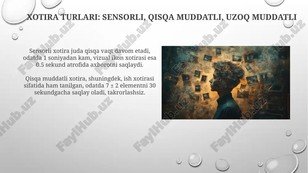 a ularni uzoq muddatli xotiraga o‘tkazishda 4-7 soniya ichida. amigdala hissiy xotirani qayta ishlashda ishtirok etadi; ayniqsa qo'rquv xotirasi, uning intensivligini oshiradi va neyronal aloqalarni mustahkamlaydi. xotira tadqiqotlarining rivojlanishi 1885-yilda herman ebbinghaus xotirani o'rganish bo'yicha o'zining unutish egri chizig'ini yaratdi, bu xotira vaqt o'tishi bilan qanday pasayishini ko'rsatuvchi muhim topilma edi. 1950-yillarda kognitiv inqilob xotirani qayta ishlashga yo'naltirilgan tadqiqotlarning yangi to'lqinini keltirib chiqardi, jumladan, diqqat va kodlash jarayonlariga e'tibor qaratildi. xotira haqida xulosa va kelajakdagi yo'nalishlar xotira texnologiyalari kelajakda 3d chipslarga asoslanib, 1000 barobar zichlikka erishishi mumkin, bu esa katta hajmdagi ma'lumotlarni tez saqlash imkoniyatini beradi. kognitiv arxitekturalar, masalan act-r, xotira modellarini simulyatsiya qilish orqali inson xotirasini tushunishga yordam beradi, bu esa sun'iy intellektda qo'llanilishi mumkin. e'tiboringiz uchun rahmat image4.png image2.png image5.jpg image6.jpg image7.jpg image8.jpg image9.jpg image10.jpg image11.jpg image12.jpg image13.jpg image14.jpg image15.jpg image16.jpg image17.jpg image18.jpg image19.jpg image20.jpg image21.jpg image3.png