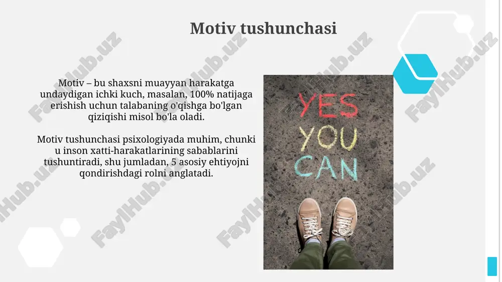 , xavfsizlik, ijtimoiy aloqalar va hurmat. har bir bosqich ta'lim sifatiga sezilarli ta'sir ko'rsatadi. motivatsiya va samaradorlik motivatsiya samadorlikka ta'sir qiladi: 10% yuqori motivatsiya xodimlar ish unumdorligini 20% gacha oshirishi mumkin, bu esa kompaniya daromadini sezilarli darajada yaxshilaydi. samaradorlikni oshirish uchun motivatsiyani saqlash muhim: masalan, smart maqsadlari (aniq, o'lchanadigan, erishish mumkin, tegishli, vaqtga bog'liq) 35% ga o'sishga olib kelishi mumkin. xulosa xulosa jarayonida muhim natijalarni ta'kidlash maqsadga muvofiq, masalan, 7 asosiy topilma va ularning amaliy ahamiyatini 3 so'z bilan ifodalash mumkin. xulosada tadqiqot savollariga aniq javob berish va olingan natijalarni umumlashtirish kerak; masalan, 5 ta muhim savolga qisqa, aniq javob berish lozim. e'tiboringiz uchun rahmat image1.png image2.jpg image3.jpg image4.jpg image5.jpg image6.jpg image7.jpg image8.jpg image9.jpg image10.jpg image11.jpg image12.jpg image13.jpg image14.jpg image15.jpg image16.jpg image17.jpg image18.jpg