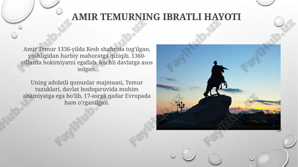 ng rivojlanishi bilan xarakterlanadi, bu 1370-1405 yillar oralig'ida mintaqada farovonlikni yaratdi. savollar va javoblar “savollar va javoblar” – amir temurning davlat arbobi sifatidagi siyosiy qarashlari va boshqaruv tamoyillarini aks ettiruvchi, tarixiy manbalarda uchraydigan munozaralardir. ushbu savol-javoblarda, temurning 3 asosiy maqsadni ko'zlagani: adolatni o'rnatish, xalq farovonligini oshirish va davlat qudratini mustahkamlash kabi vazifalar muhokama qilingan. e'tiboringiz uchun rahmat image2.png image5.jpg image6.jpg image7.jpg image8.jpg image9.jpg image10.jpg image11.jpg image12.jpg image13.jpg image14.jpg image15.jpg image16.jpg image17.jpg image18.jpg image19.jpg image20.jpg image21.jpg image3.png