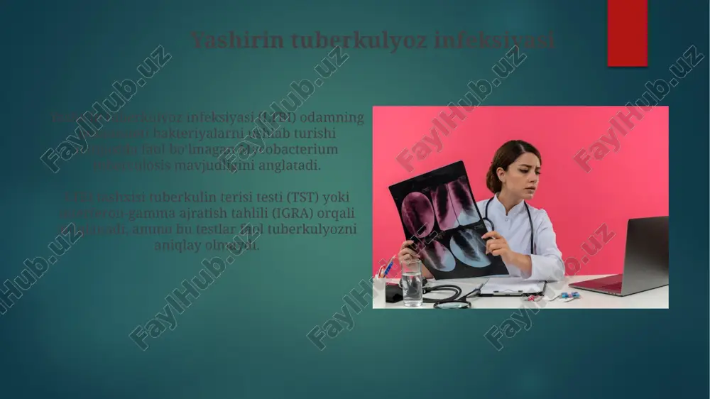 rculosisni aniqlashga qaratilgan. xulosa xulosa shuni ko'rsatadiki, sil kasalligini erta aniqlash uchun diagnostika usullarini takomillashtirish, ayniqsa latent tb infektsiyasini aniqlashda, muhim ahamiyatga ega. asosiy tibbiyot muassasalarida sil kasalligini diagnostika qilish imkoniyatlarini oshirish va tb kasalliklari bo'yicha klinikalarning samaradorligini baholash zarur. savol-javob "savol-javob" formati tibbiyotda, xususan sil klinikalarida, bemorning ahvolini baholash uchun 15-25 ta savoldan iborat standart so'rovnomadir. diagnostika jarayonida "savol-javob" bemorning kasallik tarixi, simptomlari va xavf omillari haqida 20-30 ta savoldan iborat ma'lumot yig'ishga yordam beradi. e'tiboringiz uchun rahmat image7.jpg image8.jpg image9.jpg image10.jpg image11.jpg image12.jpg image13.jpg image14.jpg image15.jpg image16.jpg image17.jpg image18.jpg image19.jpg image20.jpg image21.jpg image22.jpg image23.jpg image1.png image2.png image3.png image4.png