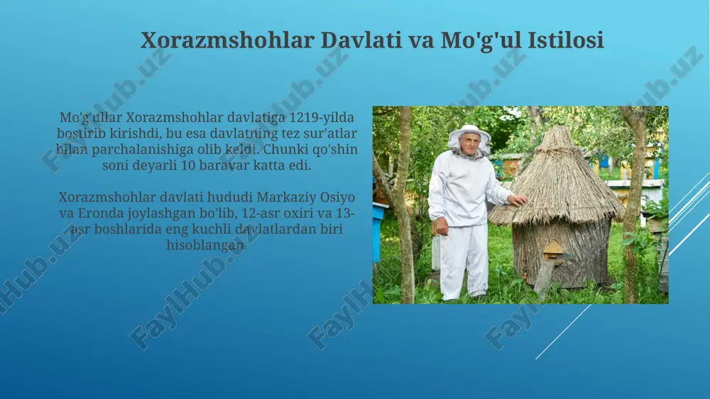 g qulash sabablarini aniqlaydilar. jaloliddinning jasorati va vatanga muhabbati jaloliddinning 1221-yildagi hind daryosi bo'yidagi jangida ko'rsatgan jasorati, dushmanni hayratga solib, uning harbiy mahoratini namoyon etdi va bu g'alaba uning shon-shuhratini oshirdi. uning ona vatanga bo'lgan muhabbati, 1220-yildan boshlab, 11 yil davomida mo'g'ullarga qarshi kurashida yaqqol namoyon bo'ldi va bu kurashda u hech qachon taslim bo'lmadi. xulosa va takliflar jaloliddin manguberdining 1221-yildagi parvon jangidagi gʻalabasi 1231-yilgacha boʻlgan moʻgʻul istilosining toʻxtashiga sabab boʻldi, bu esa hudud mudofaasining muhimligini koʻrsatadi. vatanparvarlikni kuchaytirish uchun jaloliddin manguberdining hayoti haqidagi filmlar, spektakllar va ibratli kitoblarni yaratish, uni 13-asr qahramoni sifatida tanitish kerak. e'tiboringiz uchun rahmat image2.jpg image3.jpg image4.jpg image5.jpg image6.jpg image7.jpg image8.jpg image9.jpg image10.jpg image11.jpg image12.jpg image13.jpg image14.jpg image15.jpg image16.jpg image17.jpg image18.jpg