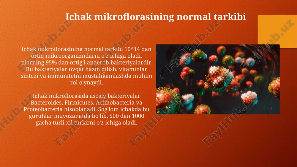 anati o'zgarishi 7.0 dan yuqori ph ga ta'sir etadi. disbiozni tashxislash usullari gaz-suyuqlik xromatografiyasi (gsx) ichak mikrobiotasining metabolik faolligi, masalan, qisqa zanjirli yog 'kislotalari (kzhyok) miqdorini aniqlashda erta diagnostika imkonini beradi. 16s rrna genini sekvenlash molekulyar usuli bakteriyalarning filogenetik belgilariga asoslanib, ichak mikrobiotasining taksonomik tarkibini batafsil aniqlashga yordam beradi. e'tiboringiz uchun rahmat image2.png image5.jpg image6.jpg image7.jpg image8.jpg image9.jpg image10.jpg image11.jpg image12.jpg image13.jpg image14.jpg image15.jpg image16.jpg image17.jpg image18.jpg image19.jpg image3.png
