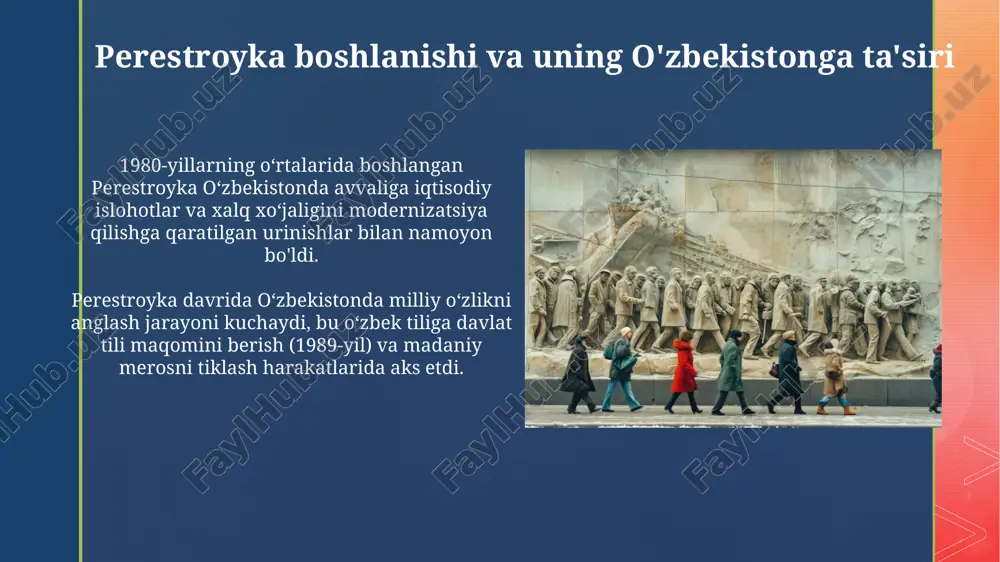 alq harakati kabi norasmiy guruhlar qatnashdi va bu saylov kampaniyasida yangi siyosiy bahslarga turtki berdi. prezidentlik institutining ta'sis etilishi 1990-yil 24-martda o'zbekiston ssr oliy kengashi prezident lavozimini ta'sis etdi, bu markaziy hokimiyatning zaiflashuvi sharoitida siyosiy barqarorlikni ta'minlashga qaratilgan edi. prezidentlik instituti tuzilishi o'zbekistonda siyosiy hokimiyatning vertikal boshqaruvini mustahkamlash, iqtisodiy islohotlarni amalga oshirish va milliy o'zlikni shakllantirish vazifalarini o'z ichiga olgan. ijtimoiy norozilik namoyishlari 1989-yilda fargʻona voqealari etnik ziddiyatlar tufayli yuzaga keldi, unda minglab odamlar qatnashdi va 100 dan ortiq kishi halok boʻldi. bu ijtimoiy norozilikning eng yirik koʻrinishi edi. 1990-yilda buxoro viloyatida paxta monopoliyasiga qarshi noroziliklar boʻlib oʻtdi. unda dehqonlar paxta yetishtirish shartlari va past narxlardan norozi ekanliklarini bildirishdi, 5000 nafardan ortiq odam qatnashdi. perestroykaning o'zbekiston kelajagiga ta'siri mustaqillik e'lon qilinishi: 1991-yilda o'zbekiston mustaqillikka erishdi. bu perestroyka davridagi siyosiy erkinlik va milliy o'zlikni anglash jarayonlarining bevosita natijasi edi. iqtisodiy islohotlar boshlanishi: perestroyka davrida iqtisodiy o'zgarishlar boshlandi. bu kelajakda bozor iqtisodiyotiga …