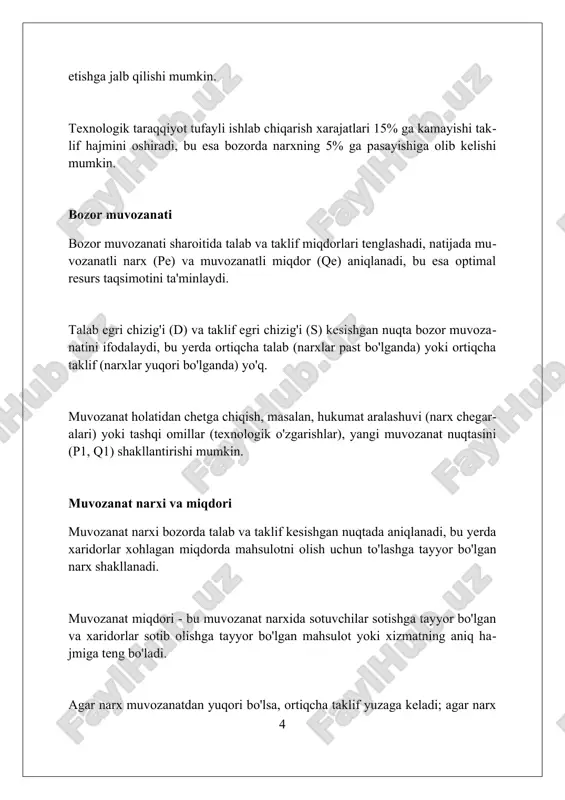 ni himoya qilish va inflyatsiyani nazorat qilishga qaratilgan bo'lishi mumkin. subsidiyalash orqali davlat qishloq xo'jaligi mahsulotlari narxlarini qo'llab-quvvatlashi mumkin, bu esa fermerlarning daromadlarini barqarorlashtirishga va oziq-ovqat xavfsizligini ta'minlashga yordam beradi. davlat monopoliyalarni tartibga solish orqali narxlarni nazorat qilishi mumkin, bu esa adolatsiz narxlarni oldini olish va raqobatbardoshlikni rag'batlantirish uchun zarur bo'ladi. narx nazorati narx nazorati, odatda, davlat tomonidan o'rnatiladi, bunda eng yuqori yoki eng past narx chegarasi belgilanadi, bu esa bozor muvozanatiga ta'sir qiladi va defitsit yoki ortiqcha taklifga olib kelishi mumkin. eng past narx (minimal narx) qishloq xo'jaligi mahsulotlarida qo'llaniladi, bunda fermerlarning daromadini kafolatlash maqsadida, lekin u iste'molchilar uchun yuqori narxlarga olib keladi va ortiqcha mahsulotni yaratadi. narx nazoratining bekor qilinishi, bozorning narxlarni moslashtirishiga imkon beradi, bu esa samaradorlikni oshiradi va resurslarni optimal taqsimlashga yordam beradi, ammo qisqa muddatda narxlarning o'zgarishiga olib kelishi mumkin. narxlar diskriminatsiyasi narx diskriminatsiyasi birinchi darajasi har bir mijozdan ularning maksimal to'lashga tayyor bo'lgan narxni …