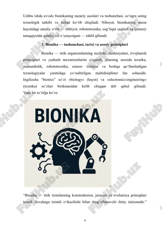 k yechimlarni yanada samaraliroq qilishga xizmat qiladi. 2. bionikaning turlari va texnologik yondashuvlari bionikaning turlari bionika – bu tirik organizmlardagi printsiplarni texnik tizimlarga tatbiq qilish yo‘nalishi, va uning ichida turli turlar (yo‘nalishlar) mavjud. quyida eng keng tarqalgan turlari tahlil qilinadi: neyroprotezalar va biokitma-interfeyslar (neuroprosthetics / brain-computer interfaces) ushbu yo‘nalishda sun’iy qo‘l-oyoqlar, qo‘shimcha asab-interfeyslar, miyadan yoki mushaklardan signallarni o‘qiydigan va uni qurilmaga uzatadigan tizimlar ishlab chiqiladi. masalan, yuqori darajada tadqiq qilingan soha — “upper-limb prosthetic control” bo‘lib, so‘nggi o‘n yillikda yuzlab tadqiqotlar bu yo‘nalishda olib borilgan. bunday tizimlarda asosiy maqsad: inson mushaklari yoki miyasi tomonidan generatsiya qilingan signallar orqali sun’iy qo‘l-oyoqni boshqarish, va shu bilan birga sezgi (tactile) ma’lumotni ham qabul qilishni ta’minlash. shu bilan birga, “nega faqat mexanik harakat emas balki sezgi ham kerak?” degan savolga bunday javob beriladi — chunki tabiiy qo‘l ishlashi uchun nafaqat harakat balki sezish ham zarur. biomimetika / biologik ilhomlangan texnologiyalar (biomimetic robotics / bio-inspired …