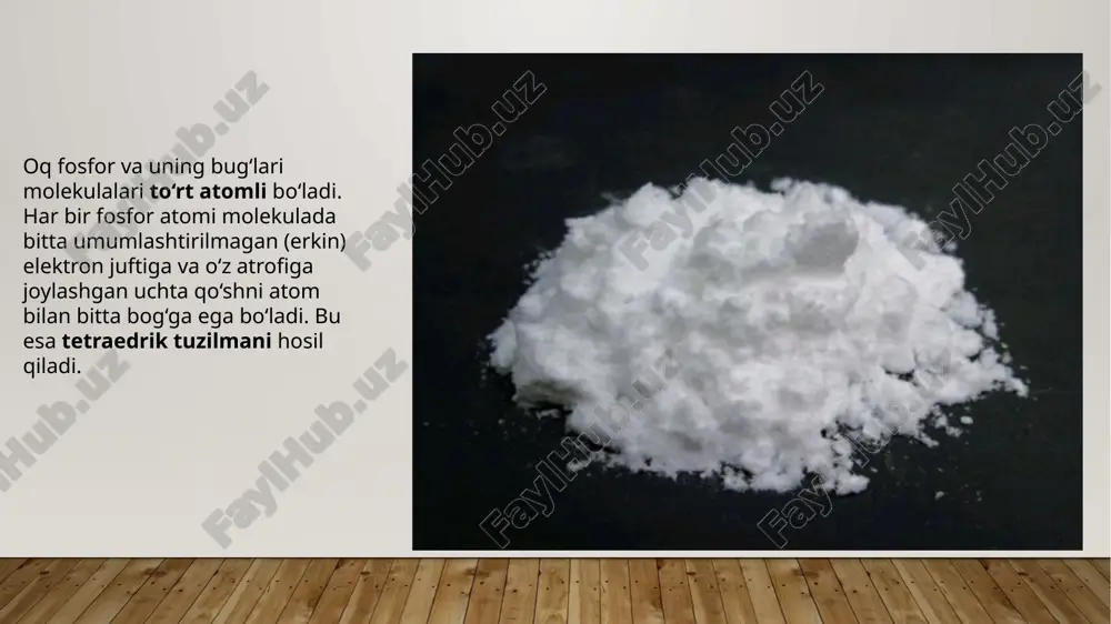 ganda eritmada ushbu kislota anioni aniqlanmagan. besh oksid – p₂o₅ (yoki p₄o₁₀) – fosfor kislorod ortiqchiligida to‘liq yonsa hosil bo‘ladi. bu modda meta-, orto- va pirofosfor kislotalarning angidridi hisoblanadi. p₂o₅ kuchli qurituvchi vosita bo‘lib, bu xususiyati tufayli laboratoriyalarda keng qo‘llaniladi . u shunchalik faollikka ega bo‘ladiki, hatto anhidrid azot va sulfat kislotalardagi strukturaviy suvni tortib olib, mos ravishda n₂o₅ va so₃ hosil qiladi. spirtlar bilan o‘zaro ta’sirlashganda murakkab fosfat efirlari hosil bo‘ladi. p₂o₅ barcha asosiy organik moddalar bilan, shuningdek, ko‘plab organik va noorganik fosfatlar bilan ham reaksiya qilib, yanada murakkab kondensatlangan mahsulotlar beradi. galogenidlar bilan reaksiya qilganda fosforilgalogenidlar, asosiy oksidlar bilan reaksiya qilganda esa fosfatlar hosil bo‘ladi. fosforni sifat jihatdan aniqlash fosforni sifat jihatdan aniqlash, asosan, ortofosfor kislotasi ionlarining turli reagentlar bilan reaksiyalari asosida amalga oshiriladi eng muhim reaksiyalar — bu po₄³⁻ ionining cho‘kma hosil qiluvchi reaksiyalari. fosfatlar deyarli barcha mineral kislotalarda oson eriydi. oksidlanish-qaytarilish reaksiyalari ortofosfatlar uchun xos emas. …