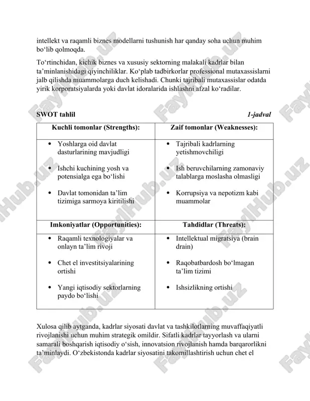 cha tadqiqotlar olib borilmoqda. bugungi kunda “o‘zbekneftgaz”, “o‘zavtosanoat”, “aloqabank” kabi yirik kompaniyalar o‘z korporativ universitetlarini tashkil etgan bo‘lib, bu tizim mamlakatning sanoat va iqtisodiy rivojlanishiga ijobiy ta’sir ko‘rsatmoqda. biroq, bu sa’y-harakatlarga qaramay, kadrlar siyosati oldida hal qilinishi kerak bo‘lgan muammolar ham mavjud. o‘zbekistonda kadrlar siyosatini rivojlantirishga qaratilgan islohotlarga qaramay, ushbu sohada hali ham tizimli muammolar mavjud. birinchidan, malakali mutaxassislarning chet elga ketishi. intellektual migratsiya o‘zbekistondagi eng jiddiy muammolardan biri bo‘lib qolmoqda. iqtidorli yoshlar rivojlangan mamlakatlarda ta’lim olishni va u yerda ishlashni afzal ko‘rmoqda. bu esa mahalliy mehnat bozorida yuqori malakali kadrlarning yetishmovchiligiga sabab bo‘ladi. ikkinchidan, ta’lim va amaliyot o‘rtasidagi tafovut. ko‘plab universitet bitiruvchilari nazariy bilimlarga ega bo‘lishadi, biroq real mehnat bozorida talab qilinadigan amaliy ko‘nikmalarga ega emaslar. natijada, ish beruvchilar yangi bitiruvchilarga qo‘shimcha o‘qitish va tayyorlashga majbur bo‘lishadi. uchinchidan, texnologik o‘zgarishlarga moslashuv muammosi. dunyo bo‘ylab raqamli iqtisodiyotga o‘tish jarayoni jadallashgan, lekin ko‘plab ishchilar yangi texnologiyalar bilan ishlashga tayyor emaslar. zamonaviy …