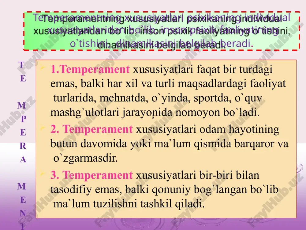 viydilar. bir zayldagi ishlarni uzoq davomli sur’atda bajarishga moyil bo‘lmaydilar. sangvinik temperament sangvinik temperamentli bolalar juda serharakat, ildam va chaqqon bo‘ladilar. ular har qanday ishga qatnashish uchun doim tayyor bo‘ladilar. ko‘pincha, bir qancha vazifalarni birdaniga bo‘yinlariga oladilar. lekin, har bir ishga ishtiyoq bilan tez kirishganliklari singari, boshlagan ishdan tez qaytishlari ham mumkin. sangviniklar chin ko‘ngildan va’dalar berishlari, lekin, ko‘pincha, va’dani unutib, uni bajarmasliklari ham mumkin. bu xil temperamentli bolalar o‘yinlarga tez va zavq bilan kirishadilar, lekin o‘yin davomida, o‘z rollarini tez-tez o‘zgartirib turishga moyil bo‘ladilar. ular darrov xafa bo‘lishlari va yig‘lashlari mumkin, lekin ular xafalikni tez unutadigan bo‘ladilar. ularning yig‘isi kulgi bilan tez almashadi. sangvinik temperament hatti-harakati jo'shqin, nutq sur'ati tez, yangilikni tez payqaydi, aql-idroki tiyrak, topqir, qiziqishlari, kayfiyati, intilishlari o'zgaruvchan. ko'nikma va malakalarni tez egallaydi. ko'ngli ochiq, dilkash, muloqotga tez kirishadi. hayolati (fantaziyasi) yuksak darajada rivojlangan: tashqi ta'sirlarga hozirjavob va hokazo sangvinik temperament sezilarli psixik aktivlikka ega bo`lgan, atrofda …