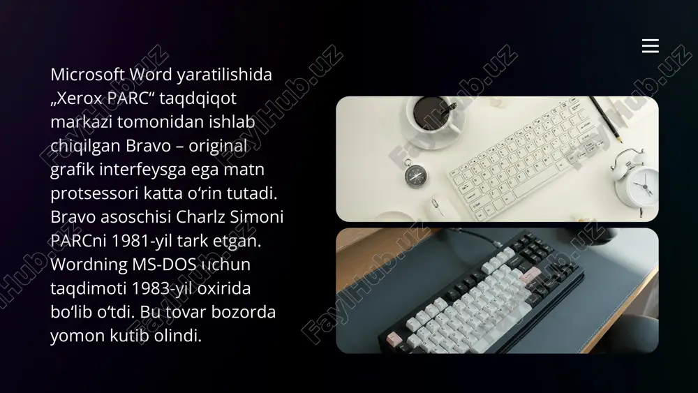 y, yoki f4, yoki alt + enter - bekor qilingan xarkatni qaytarish (oldinga qaytarish) ctrl + x, yoki shift +delete - tanlab olingan matn qismi nusxasini xotiraga koʻchirib (qirqib) olish. ctrl + c, yoki ctrl + insert, yoki ctrl + num0 - tanlab olingan matn qismi nusxasini xotiraga olish ctrl + v, yoki shift + insert, yoki shift+num0 - xotirada joylashgan matn qismini chiqarib kursor turgan joyiga qoʻyish ctrl + a, yoki ctrl + num5 - butun matnni tanlash ctrl + f - butun matnda biror bir soʻz yoki jumlani izlash ctrl + h - butun matnda biror bir suz yoki jumlani topib uning oʻrniga boshqa soʻz yoki jumla bilan almashtirish delete - tanlab olingan matn qismi yoki kursordan ung tomonda joylashgan belgilarni oʻchirish f7 - butun matnning imlo xatolarini tekshirish shift + f7 - tanlangan soʻzning sinonimlarini topish f12 - ekranda ochiq boʻlgan faylni qayta nomlash alt + ctrl …
