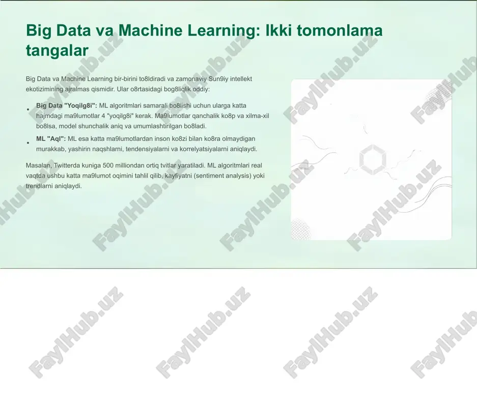 a har bir xususiyat (feature) uchun 10 barobar ko8p ma9lumot kerak bo8ladi. katta ma9lumotlar modeli haddan tashqari moslashishdan (overfitting) himoyalaydi. ma9lumot sifati: sifatli va toza ma9lumotlar (aniq, to8liq, xatosiz) modelning umumiy aniqligi va bashorat qilish samaradorligini keskin oshiradi. tayyorlash bosqichi: ma9lumotlarni tozalash, transformatsiya qilish va tayyorlash (data preprocessing) ml loyihalarining 60-80% vaqtini oladi. bu muvaffaqiyat kalitidir. kelajak istiqbollari va innovatsiyalar big data va ml ning uyg8unlashuvi doimiy ravishda yangi imkoniyatlar eshigini ochmoqda, kelajakdagi tendensiyalar esa yanada chuqurlashmoqda. avtomatlashtirilgan qarorlar inson aralashuvisiz ishlaydigan va big data asosida tezkor qarorlar qabul qiladigan tizimlar keng tarqaladi (masalan, avtonom transport). chuqur o8rganish (deep learning) chuqur o8rganish metodologiyalari (neyron tarmoqlari) katta hajmdagi strukturasiz ma9lumotlarni (tasvir, ovoz, matn) tahlil qilishda dominant bo8lib qoladi. real vaqtli tahlil iot (narsalar interneti) va real vaqtli oqimlarni tahlil qilish platformalari ml ni to8g8ridan-to8g8ri tranzaksiya va sensor ma9lumotlariga qo8llash imkonini beradi. sun9iy intellekt va katta ma9lumotlar birlashmasi yangi biznes modellarini, ilmiy …