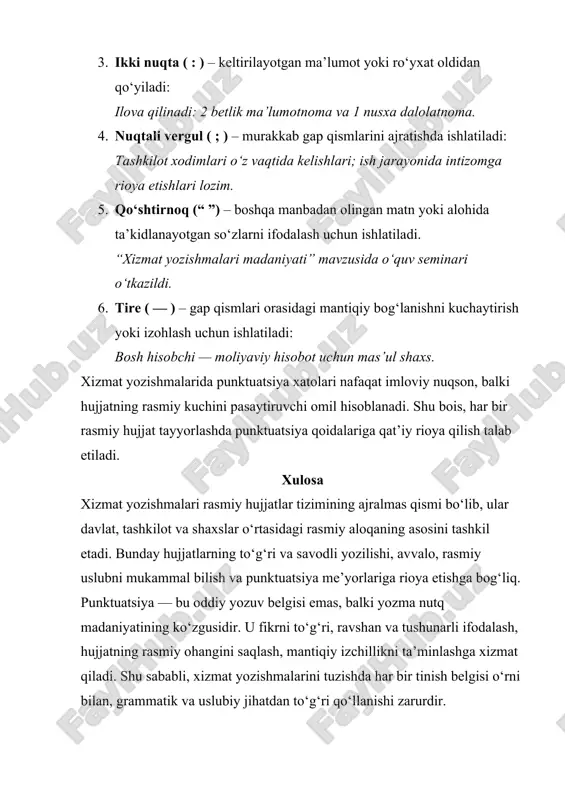 i ifodalash, hujjatning rasmiy ohangini saqlash, mantiqiy izchillikni ta’minlashga xizmat qiladi. shu sababli, xizmat yozishmalarini tuzishda har bir tinish belgisi o‘rni bilan, grammatik va uslubiy jihatdan to‘g‘ri qo‘llanishi zarurdir.