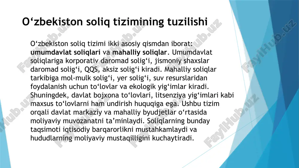 umuman olganda, maxsus soliq rejimlari iqtisodiyotning barqaror o‘sishiga, kichik biznesni rivojlantirishga va soliqqa tortish tizimining shaffofligini oshirishga xizmat qiladi. maxsus soliq rejimlari soliqqa oid imtiyozlar va rag‘batlantirish choralari o‘zbekiston respublikasida soliq imtiyozlari va rag‘batlantirish choralari iqtisodiyotni rivojlantirish, investitsiyalarni jalb etish hamda mahalliy ishlab chiqaruvchilarni qo‘llab-quvvatlashda muhim ahamiyatga ega. hukumat tomonidan yangi tashkil etilgan korxonalar uchun bir necha yil davomida foyda solig‘idan ozod etish, eksport faoliyatini kengaytirgan korxonalarga qo‘shilgan qiymat solig‘ini qaytarish, shuningdek, nogironlar mehnat qiladigan korxonalar uchun maxsus soliq imtiyozlari beriladi. bundan tashqari, texnoparklar, it sohasi va innovatsion loyihalarda ishtirok etuvchi tadbirkorlik subyektlariga ham soddalashtirilgan soliq tartibi qo‘llanadi. ushbu chora-tadbirlar natijasida biznes muhit yaxshilanib, iqtisodiyotning barqaror o‘sishi, ish o‘rinlarining ko‘payishi va xalq farovonligi ta’minlanmoqda. soliq tizimining takomillashtirilishi va raqamlashtirish so‘nggi yillarda o‘zbekiston soliq tizimini takomillashtirish va raqamlashtirish yo‘nalishida katta islohotlarni amalga oshirmoqda. elektron hisob-fakturalar, onlayn nazorat kassa mashinalari va soliq to‘lovchilarning shaxsiy kabinetlari kabi zamonaviy tizimlar joriy etildi. bu o‘zgarishlar …