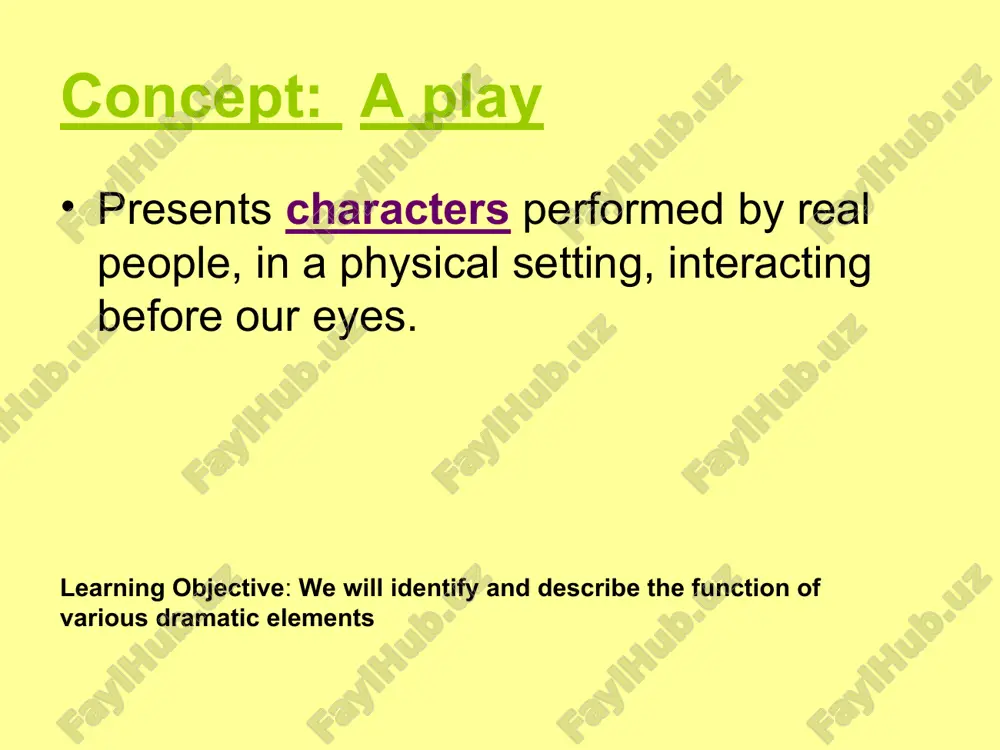 lights: the placement, intensity, and color of lights to help communicate environment, mood, or feeling sound: the effects an audience hears during performance to communicate character, context, or environment makeup: costumes, wigs, and body paint used to transform an actor into a character. closure: what is one thing you learned today? write it! pair share it! tell me about it! learning objective: we will identify and describe the function of various dramatic elements
