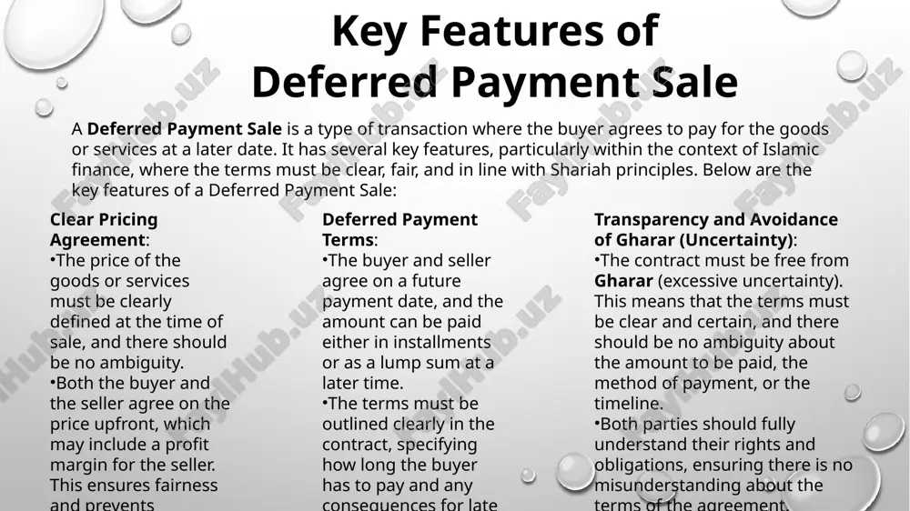 while offering significant advantages, deferred payment sales come with certain risks and considerations. these include the possibility of non-payment, increased uncertainty (gharar), potential exploitation, and challenges in managing cash flow. both parties need to ensure transparency, clear contract terms, and realistic payment structures to avoid disputes and to ensure the agreement remains fair and shariah-compliant. it is crucial for sellers to assess the buyer’s ability to meet payment obligations and for both parties to understand the terms thoroughly to avoid any ambiguity or misunderstanding. image2.png image3.png image4.jpeg image5.png image6.png image1.png /docprops/thumbnail.jpeg