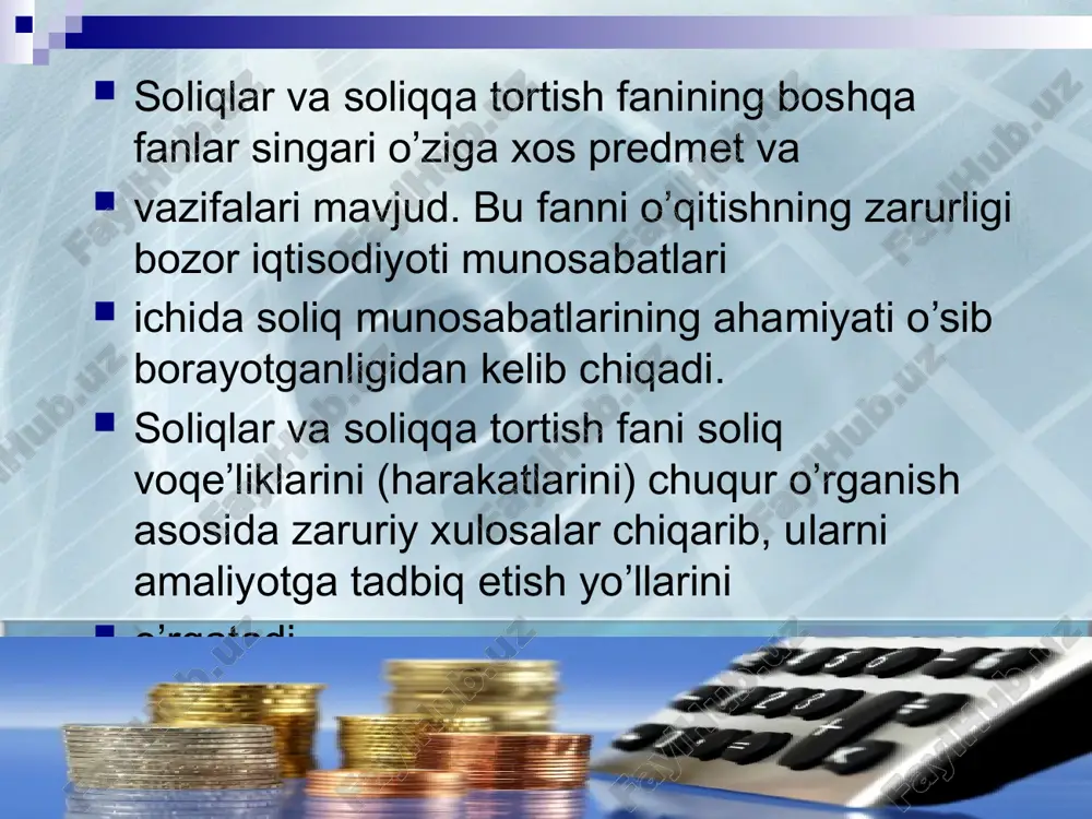 y baza yaratadi. mahalliy byudjetlar tizimi mahalliy talab-ehtiyojlarni to'laroq hisobga olish hamda davlat tomonidan markazlashgan tartibda amalga oshiriladigan tadbirlar bilan to'gri olib borish imkonini beradi, mahalliy hokimiyat organlari mahalliy byudjet daromadlarining ko'payishi va resurslarning tejamkorlik bilan sarflanishi to'grisida tinmay gamxo'rlik qiladi, chunki joylarda iqtisodiyot va madaniyatning yuksalish sur'atlari to'gridan-to'gri mahalliy xo'jalik zahiralarini safarbar qilish, mablaglarni tejab ishlatish borasidagi ishlarni tashkil etish bilan bogliq bo'ladi, bu esa o'z navbatida umuman o'zbekiston respublikasi davlat byudjetining muvaffaqiyatli bajarilishiga yordam beradi. mahalliy byudjetlardan uy-joy-kommunal xo'jaligi va obodonlashtirish, maorif va sogliqni saqlash muassasalari (maktablar, kasalxonalar, maktabgacha tarbiya muassasalari va boshqalar), ijtimoiy ta'minot sohasidagi tadbirlar mablag bilan ta'minlanadi. o`zbekiston respublikasi davlat byudjetida soliqlarning hissasi (foizda) t/r ko`rsatkichlar y i l l a r 2005 2006 2007 2008 2009 2010 1. davlat byudjeti daromadlari-jami 100 100 100 100 100 100 2. shu jumladan: 3 soliq tushumlari 91,4 95,3 95,7 96,9 93,3 92,2 4 ulardan bevosita soliqlar 36,8 …