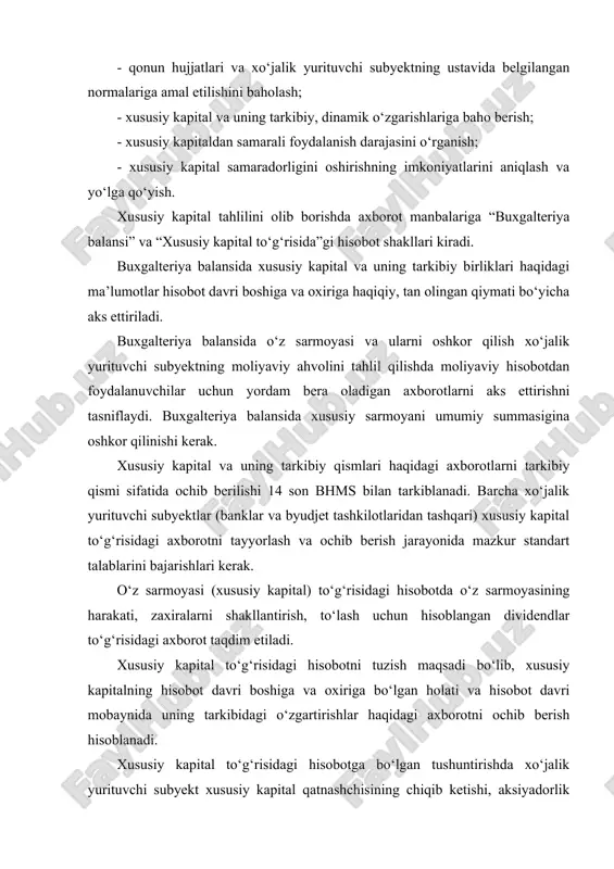 ki sotib olingan aksiyalarni bekor qilinishi, aksiyalar nominal qiymatining pasayishi yoki boshqa sabablarga ko‘ra kamayib ketganligi haqidagi ma’lumotlar keltiriladi. hisobotning xususiy kapital to‘g‘risidagi qismiga oid tushuntirish xati “hisob siyosati va moliyaviy hisobotlar” buxgalteriya hisobi milliy standarti (1-son bhms)da nazarda tutilgan talablarga muvofiq tuziladi. aksiyadorlik jamiyatlari xususiy kapital to‘g‘risidagi tushuntirishda quyidagilar haqidagi axborotni keltiradilar: a) obuna amalga oshirilishi nazarda tutiladigan aksiyalarning umumiy soni va nominal qiymati; b) nazarda tutilgan miqdorlar bilan taqqoslaganda obuna amalga oshirilgan aksiyalarning umumiy miqdori va nominal qiymati; v) aksiyalarga obunaning borishi chog‘ida olingan mablag‘lar umumiy summasi; g) ayrim turlar va toifalar bo‘yicha ustav kapitali tarkibidagi aksiyalar; d) imtiyozli aksiyalar bo‘yicha to‘lanmagan jamlangan dividendlar summasi; e) aksiyalar ko‘rinishida to‘lanadigan dividendlar, xususan, to‘lanadigan aksiyalarning soni va qiymati, shuningdek, ularning turlari yoki toifalari to‘g‘risida; j) hisobot davrida yuz bergan maydalash yoki qo‘shib yuborishlar va aksiyalarning maydalanishi yoki qo‘shib yuborilishigacha va undan keyingi aksiyalarning nominal qiymati to‘g‘risidagi. aksiyalarga obunaning borishi chog‘ida …