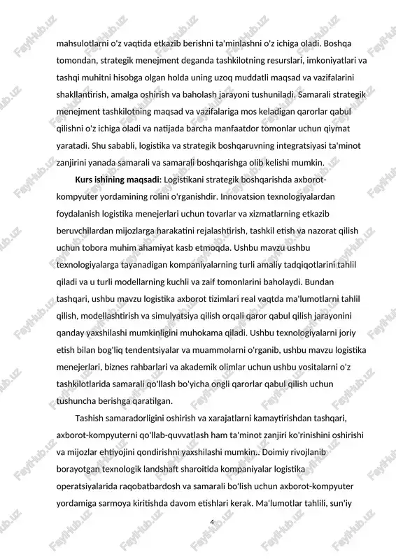 bob,4-bo’lim,xulosava foydalanilganadabiyotlardan tuzilgan 1.bob. strategik boshqarishda logistik uslublaridan foydalanishning o’ziga xos uslublari 1.1.logistika va logistik uslublari to’g’risidagi tushunchasi "logistika" fanining maqsadi talabalarga funktsional bo'linmalarning va umuman butun korxonaning logistika tizimini ishlab chiqish, boshqarish va joriy qilish sohasidagi asosiy bilimlarni berishdir. talabalar korxonaning logistika quyi tizimlarini o'zaro va tashqi infratuzilmaga qo'shilish qoidalarini ishlab chiqish sohasida ko'nikmalarga ega bo'lishlari kerak. kursning asosiy vazifalari talabalarga ishlab chiqarish va ta'minot tizimlarining ishlashini tahlil qilish ko'nikmalarini berish, ularni logistikada yo'naltirilgan boshqaruvda kompleks yondashuvning muhimligini anglash. logistika tarkibiy qismlari va ularning o'zaro aloqalari - axborot logistikasi, inventarizatsiya (zaxira) logistikasi, omborxonalar logistikasi, transport logistikasi, boshqaruv (menejment) logistikasini tashkil qilish, shuningdek biznes bo'linmalari o'rtasida iqtisodiy murosani topish ko'nikmalarini o'rganish. logistika kursi makro va mikroiqtisodiyot, korxona iqtisodiyoti, ishlab chiqarishni tashkil etish asoslari, menejment, marketing asoslari, shuningdek amaliy matematikani va kompyuter muhandisligi, dasturlash va ma'lumotlar bazasini tashkil qilishni o'rganadigan fanlar bilan uzviy bog'liqdir. logistika fan sifatida o'rganish mavzusi oqim jarayonlarini …