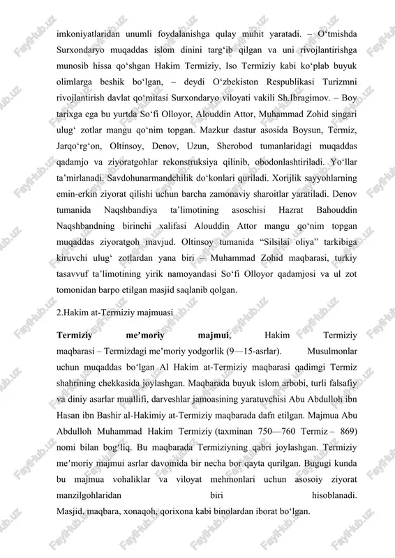 shimoliy-sharqiy tomonida ayvon qurilishi sababli xonalar soni 3 ta boʻlib qolgan. xonaqoh yonidagi 3 ayvon gumbazli, qalqonsimon bagʻalli tarzda ishlangan. xonaqoh gumbaz tomga ega, hamda oʻz mehrobi bor. xonaqohning poli goʻrxonaga qaraganda ancha past hamda ularning oraligʻi rovoqlar bilan ajratib qoʻyilgan. maqbara ganjkor bezaklar bilan bezatilgan. tashqi devorlariga esa 6 gʻishtin ravoq ishlangan[3]. hakim at-termiziy maqbarasining kirish qismidago peshtoqiga arabiy yozuvlar bilan bir qator jumlalar bitilgan. bu bitiklarda:"alloh taolo zikr etadi: „bu yerga tinchlik va omonlik bilan kiring“." soʻzlari yozilgan[4]. termiziy maqbarasida taʼmirlash ishlari amir temur tavalludining 660-yilligi munosabati bilan 1996-yilda amalga oshirilgan. temuriylar hukmronligi davrida (15-asr) xonaqoh baland asos (balandligi 1,5 m) ustiga pishiq gʻishtdan qayta qurildi. unga tutash boʻlgan xonalar taʼmirlandi. xonaqohning shimoliy va janubiy tomonlariga peshtoq ishlandi. oddiy va aniq qurilmali xona devorlari ravoq ustunlari „romb“ koʻrinishidagi poyustunga tayangan. hakim termiziy maqbarasi 9-asrda bunyod etilgan xonaqoh hujralaridan biri boʻlgan. xonaqoh hovlisining gʻarbidagi 3 gumbazli masjid maqbaraga tutash, …