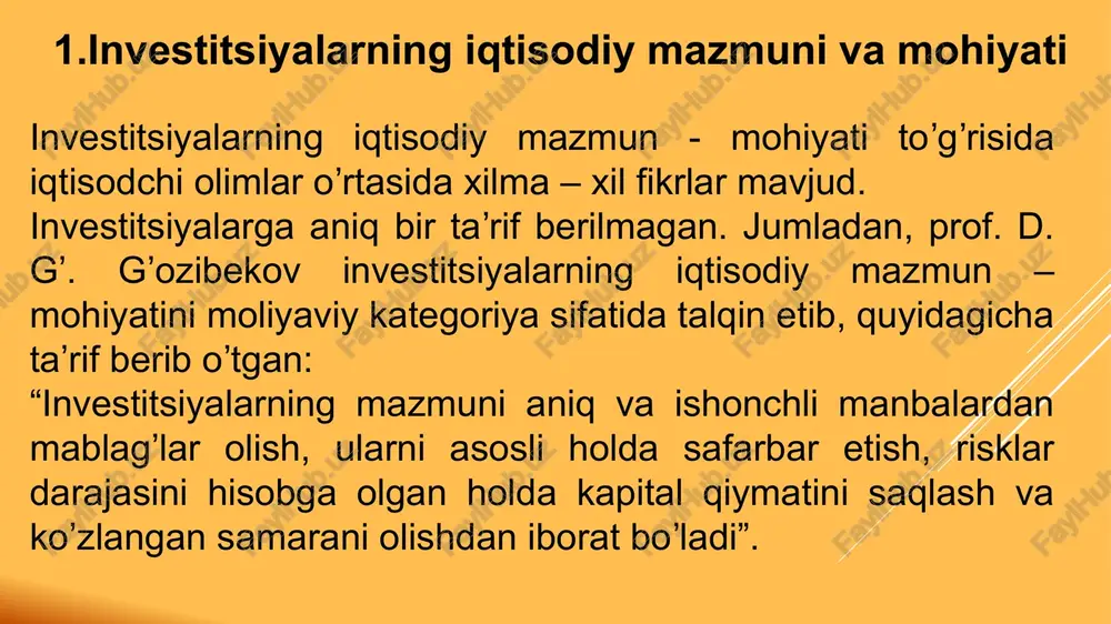 yaxshilash chora-tadbirlari to‘g‘risida»gi pf-5495 son farmoni. o‘zbekiston respublikasi prezidentining «erkin iqtisodiy zonalar faoliyatini jadallashtirish va kengaytirish bo‘yicha qo‘shimcha chora-tadbirlar to‘g‘risida» 2016 yil 26 oktabrdagi pf-4853-sonli farmoni. o‘zbekiston respublikasi prezidentining 2019 yil 29 apreldagi “respublika iqtisodiyotiga to‘g‘ridan-to‘g‘ri xorijiy investitsiyalarni jalb qilish mexanizmlarini yanada takomillashtirish chora-tadbirlari to‘g‘risida”gi pq-4300-sonli qarori. investitsiyalar va investitsiya faoliyati to‘g‘risidagi qonun qonunchilik palatasi tomonidan 2019-yil 9-dekabrda qabul qilingan senat tomonidan 2019-yil 14-dekabrda ma’qullangan 2019-yil 25-dekabr, o‘rq-598-son 12 ta bob 69 modda dan iborat. investor — foyda olish maqsadida investitsiya faoliyati obyektlariga o‘zining mablag‘larini va (yoki) qarz mablag‘larini yoxud jalb qilingan boshqa investitsiya resurslarini investitsiya qilishni amalga oshiruvchi investitsiya faoliyati subyekti. mahalliy investorlar — investitsiya faoliyatini amalga oshiruvchi o‘zbekiston respublikasi fuqarolari, o‘zbekiston respublikasi rezidenti maqomiga ega bo‘lgan chet ellik fuqarolar va fuqaroligi bo‘lmagan shaxslar, shu jumladan yakka tartibdagi tadbirkorlar, shuningdek o‘zbekiston respublikasining yuridik shaxslari. reinvestitsiyalar — investitsiyalardan olingan, tadbirkorlik faoliyati va boshqa faoliyat turlari obyektlariga kiritiladigan har qanday daromad, …