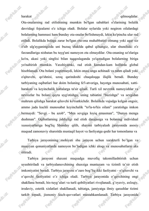 rbiyalanuvchining shaxsiga muntazam va tizimli ta’sir etish imkoniyatini beradi. tarbiya jarayoni o’zaro bog’liq ikki faoliyatni - o’qituvchi va o’quvchi faoliyatini o’z ichiga oladi. tarbiya jarayonida o’quvchining ongi shakllana boradi, his-tuyg’ulari va turli qobiliyatlari rivojlanadi, g’oyaviy, axloqiy, irodaviy, estetik xislatlari shakllanadi, tabiatga, jamiyatga ilmiy qarashlar tizimi tarkib topadi, jismoniy kuch-quvvatlari mustahkamlanadi. tarbiya jarayonida o’quvchida jamiyatning shaxsga qo’yadigan axloqiy talablariga muvofiq keladigan xulqiy malaka va odatlar hosil qilinadi. bunga erishish uchun o’quvchining ongiga (ta’lim jarayonida) , hissiyotiga (darsda va turli sinfdan tashqari ishlarda), irodasiga (faoliyatni uyushtirish, xulqni idora qilish jarayonida) tizimli va muntazam ta’sir etib boriladi.tarbiyalash jarayonida bulardan birortasi (ongi, hissiyoti, irodasi) e’tibordan chetta qolsa, maqsadga erishish qiyinlashadi. biror bir maqsadga qaratilgan tarbiya jarayonining mohiyati va vazifalari tarbiyachi tomonidan rejalashtiriladi va tartibga solinadi. a) o’quvchining qaysi xislatini shakllantirish yoki yo’qotish maqsadida rejalashtiriladi. b) shu hislatlarni tarbiyalash yoki yo’qotish uchun xizmat qiluvchi manbalar izlab topiladi. v) belgilangan maqsad uchun xizmat qiladigan nazariy va …