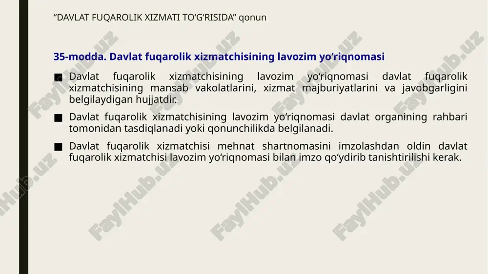 hining maqsad va asoslari; asosiy vazifalari; muassasa tuzilishi, huquqi, ishni tashkil qilish tartiboti. 4. muassasa rahbari imzosi. 5. sana va joyi. tasdiqlash ustxati (yuqori qismida o‘ng burchakda joylashadi). tashkilot tuzilishi bilan bog‘liq nizomlarda «muassasa rahbari imzosi» o‘rniga jamoa umumiy yig‘ilishi tasdig‘i sanasi qo‘yiladi, shuningdek, ularda tegishli hokimiyatda tasdiqlangan sana, qaror raqami ham qayd etiladi. shu munosabat bilan ularda zaruriy qismlar joylashish shakli umumiy shakldan o‘zgacharoq bo‘lishi mumkin. nizomning asosiy zaruriy qismlari: ustav muayyan munosabat doirasidagi faoliyat yoki biror davlat organi, tashkilot, muassasaning tuzilishi, vazifasini yo‘naltirib turadigan asosiy nizom va qoidalar majmuidir. ustav biror organ yoki muassasa vazifalari va huquqiy holatini tavsiflaydigan me’yoriy ahamiyatga ega. binobarin, ustav nizomga nisbatan keng tushunchadir. u ko‘proq ma’lum bir tarmoq, sohalar, yirik muassasalar bo‘yicha tuziladi. chunonchi, davlat nashriyotlari bo‘yicha namunaviy ustav qabul qilingan, shu asosda har bir nashriyot o‘z nizomini qabul qiladi. ustavning zaruriy qismlari nizomning zaruriy qismlariga o‘xshash bo‘ladi. lekin ustavning mazmun qismida moliyaviy …
