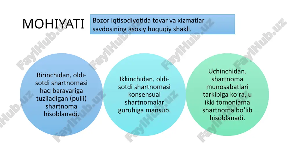 otib oluvchiga topshirish uchun tayyor bo’lgan va sotib oluvchi shartnoma shartlariga muvofiq tovar topshirishga tayyor ekanligidan xabardor qilingan vaqtda tovar sotib oluvchi ixtiyoriga topshirilgan deb hisoblanadi. oldi-sotdi shartnomasi shartlarini buzganlik uchun taraflarning javobgarlik holatlari sotuvchi quyidagi holatlarda xaridor oldida javobgardir: a)sotilgan tovarni topshirmasa yoki topshirishni kechiktirsa; b)sotilayotgan tovarda uchinchi shaxslarning huquqlari mav­judligi haqida xaridorni ogohlantirmasa; v)sotilayotgan tovar miqdori, assortimenti haqidagi shartlar­ni buzsa yoki sifatsiz tovar sotsa. sotib oluvchi sotuvchi oldida quyidagi hol­larda javobgar bo’ladi: a)sotilgan tovar uchun haqni to’lamasa yoki to’lashni kechiktirsa; b)sotilgan tovarni o’z vaqtida qabul qilib olmasa yoxud qabul qilib olishni kechiktirsa. agar tovarning kamchiliklari sotuvchi tomonidan ma’lum qi­linmagan bo’lsa, tegishli darajada sifatli bo’lmagan tovar topshir­gan sotuvchi sotib oluvchining xohishiga ko’ra: xuddi shu markadagi (modeldagi, artikuldagi) sifati tegishli darajada bo’lgan tovarga almashtirishi; xarid narxini tegishlicha qayta hisoblagan holda boshqa marka­dagi (modeldagi, artikuldagi) sifati tegishli darajada bo’lgan to­varga almashtirishi; tovarning kamchiliklarini tekinga bartaraf etishi yoki sotib oluvchi yoxud uchinchi …