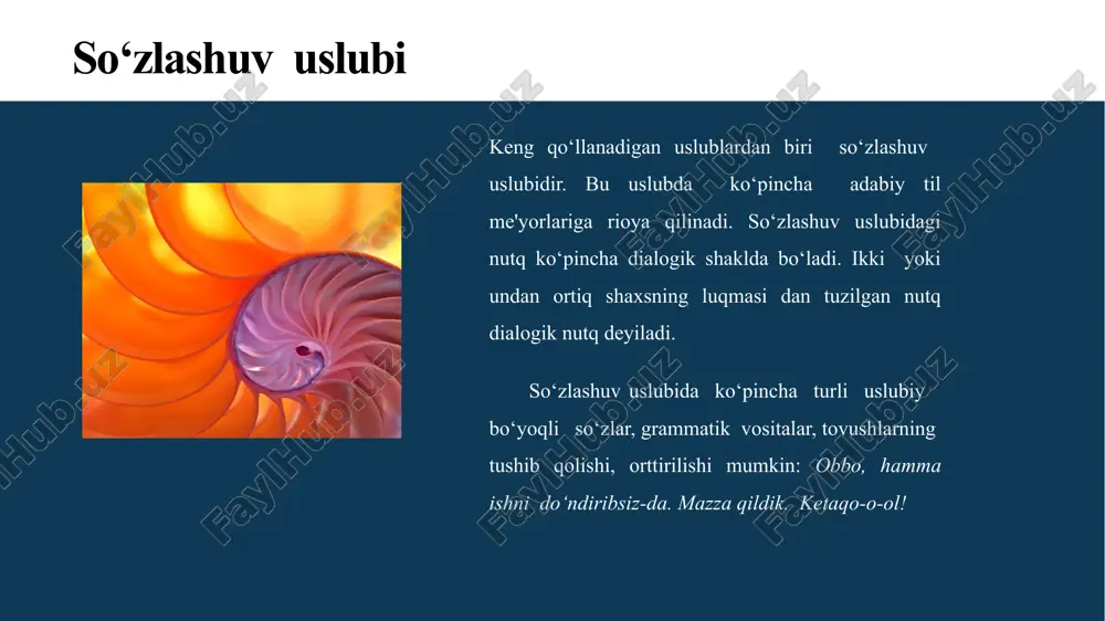 lobat, tashviqot va targ‘ibot kabi xususiyatlar mavjud bo‘ladi. ommabop (publitsistik) uslub 10 badiiy uslub inson hayotining barcha tomonlarini qamrab olishi va umuminsoniyatga xosligi, til va nutqning barcha vositalaridan foydalanishi hamda o‘quvchi yoki tinglovchiga emotsional – estetik ta’sir etishga yo‘naltirilganligi bilan ajralib turadi. bunday nutq uslubda har bir uslubga xos bo‘lgan “o‘zdoirasi bilan chegaralanish” yo‘q, ynda hamma uslub materiallaridan foydalanish mumkin, adabiy til me’yoridan ham chekinish mumkin badiiy asarlar (nazm, nasr va dramatic asarlar) badiiy uslubda bo‘ladi. badiiy asar kishiga ma'lumot berish bilan birga, timsollar (obrazlar) vositasida estetik ta'sir ham ko‘rsatadi: o‘lkamizda fasllar kelinchagi bo‘lmish bahor o‘z sepini yoymoqda. badiiy uslubda qahramonlar nutqida oddiy nutq so‘zlari, sheva, vulgarizmlardan ham foydalaniladi. badiiy asarlar uslubi aralash uslub hisoblanadi. unda so‘zlashuv uslubiga, kitobiy uslublarga xos o‘rinlar ham uchraydi. badiiy uslub 11 rahmat! image1.jpg image2.jpg image3.jpg image4.jpg image5.png image6.png image7.png image8.png image9.png image10.png