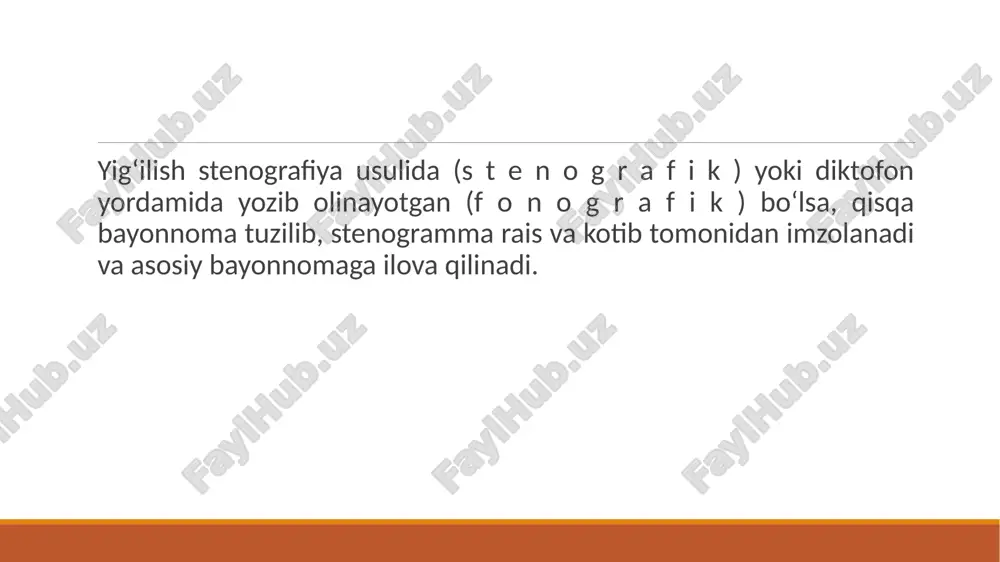 masala yuzasidan alohida-alohida «eshitildi», «so‘zga chiqdilar», «qaror qilindi» sarlavhalari qo‘yiladi va so‘zlovchilar nutqining qisqacha mazmuni, qabul qilingan qaror rasmiylashtiriladi (1-ilova). bayonnomadan ko‘chirma zaruriyat tufayli majlis davomida qabul qilingan qarorlardan ko‘chirmalar rasmiylashtiriladi. buyruqdan ko‘chirmada bo‘lganidek, bayonnomadan ko‘chirma ham imzo bilan tasdiqlanadi. bayonnomadan ko‘chirma quyidagi asosiy qismlardan iborat: bayonnomadan ko‘chirma 1. tashkilot nomi. 2. hujjat nomi (bayonnomadan ko‘chirma). 3. sana (majlis o‘tkazilgan sana). 4. shartli raqam. 5. bayonnoma tuzilgan joy. 6. matn: a) kun tartibi; b) eshitildi; d) qaror qilindi. 7. imzolar. 8. nusxa tasdiqlanganligi haqida belgi (muhr bilan). ba’zan bayonnomadan ko‘chirmalarda yig‘ilishda qatnashuvchilarning familiyasi yoki soni, shuningdek, ko‘rilgan masala bo‘yicha muhokamada ishtirok etganlar familiyasi ham ko‘rsatib o‘tiladi. bayonnomaning matn qismlaridan faqat tashkilot yoki shaxsga yetkazilishi kerak bo‘lgan qismigina olinadi. agar kun tartibida uch masala muhokama etilgan bo‘lsa, kerakli masala bo‘yicha qabul qilingan qaror olinadi. image2.png image3.png /docprops/thumbnail.jpeg