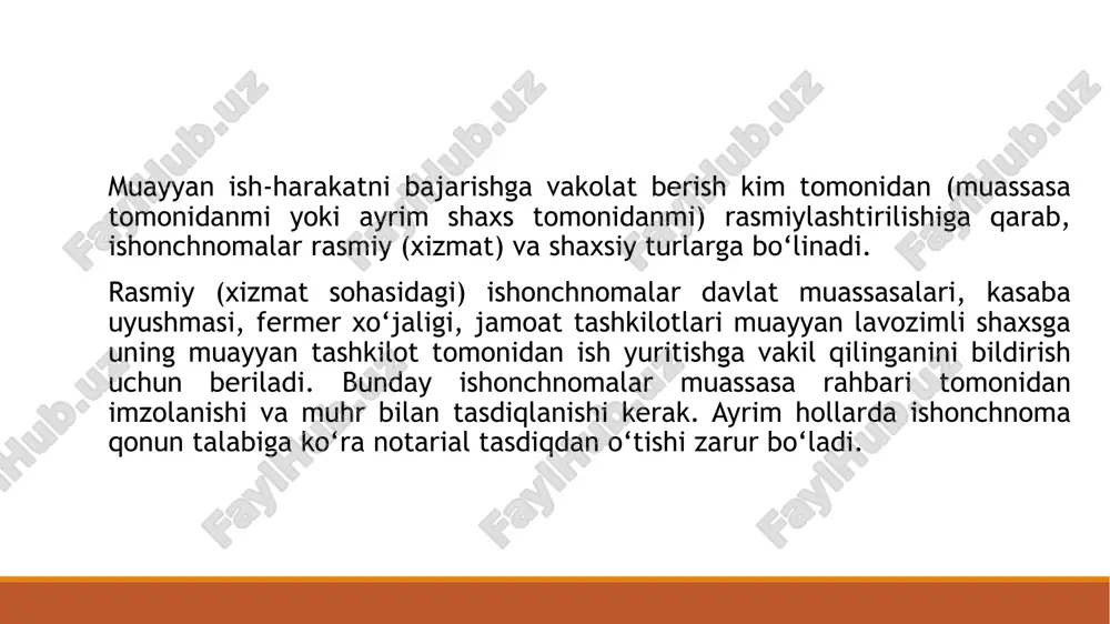 gilarga e’tibor berish kerak: ishonchnomaning zaruriy qismlari mazkur tartibda bo‘lishi ham mumkin, shuningdek, uning 3-raqamli qismi 5-raqamli qismidan so‘ng yozilishi ham mumkin; zarur hollarda ishonch bildirgan shaxsning lavozimi, yashash joyi, ishonchnoma berilgan kishining shaxsini tasdiqlovchi hujjat (pasport) ma’lumotlari ham ishonchnomada aks etishi mumkin; agar ishonchli vakil olishi kerak bo‘lgan pul yoki qimmatbaho buyum miqdori aniq bo‘lsa, ular avval raqam bilan, keyin qavs ichida so‘z bilan yozib ko‘rsatilishi mumkin; 7-raqamli va 8-raqamli qismlari orasida tasdiqlovchining «....ning imzosini tasdiqlayman» degan qaydi joy oladi. shaxsiy ishonchnomalarda ham ularning amal qilish muddati ko‘rsatiladi. muddat bevosita («...gacha amal qiladi» deb) yoki bilvosita («... yilning yanvar oyi maoshini olish uchun...» deb) ko‘rsatiladi. nafaqa olish uchun berilgan ishonchnomaning amal qilish muddati, odatda, uch oygacha bo‘ladi. agar ishonchnoma beruvchi va berilgan shaxslarning har ikkalasi bir muassasada ishlasa (o‘qisa), pul yoki qimmat baho buyumlarni ishonchnoma bilan olishda ishonch bildirilgan kishining shaxsini tasdiqlovchi hujjat (pasport, guvohnoma) ko‘rsatilishi shart emas. boshqa …