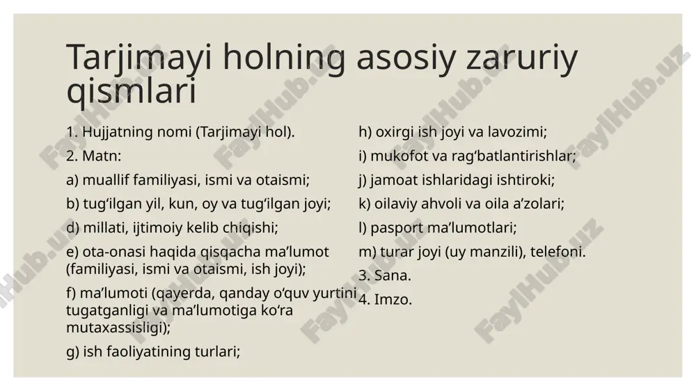 ri 1. nomi (e’lon). 2. e’lon qilinayotgan tadbirning vaqti, o‘tkazilish joyi. 3. tadbirning mavzusini o‘zida aks ettiruvchi matn. 4. tadbir o‘tkazuvchilar nomi (odatda, bo‘ladigan tadbirni e’lon qilayotgan tashkilot, organning nomi: «ma’muriyat», «kuzatuv kengashi», «yozuvchilar uyushmasi», «tashkiliy qo‘mita» tarzida beriladi). e’lon e’lon namunalari e’lon namunalari (norasmiy) bildirish bildirish ham e’lonning bir turi hisoblanadi. uning ba’zi namunalari berildi. konsert, kinofilmlar namoyishi va teatr tomoshalari haqidagi e’lon afisha deb yuritiladi. bildirish va afisha hisobot hisobot muayyan vaqt uchun rejalashtirilgan ish yoki vazifa, topshiriqlarning bajarilishi, amaliy dolzarb ishlar, xizmat va ilmiy safarlar yakuni haqida ma’lumot beruvchi hujjat.hisobotda keltirilgan ma’lumotlar aniq, ishonarli bo‘lishi kerak. hisobotda quyidagilarga e’tibor beriladi: nima mo‘ljallangan yoki topshirilgan edi, u qanday bajarildi, nimalarga e’tibor berildi, qanday yetishmovchiliklar bo‘ldi, ularni bartaraf etish uchun nimalar qilish kerak. hisobot oxirida muayyan topshiriq bajarilmagan bo‘lsa, uning sababi ko‘rsatiladi, bu borada takliƚar qayd etiladi. rejalashtirilgan ish haqidagi hisobotlar amalda keng qo‘llanadi (1-ilovaga qarang). hisobot shakl jihatdan …