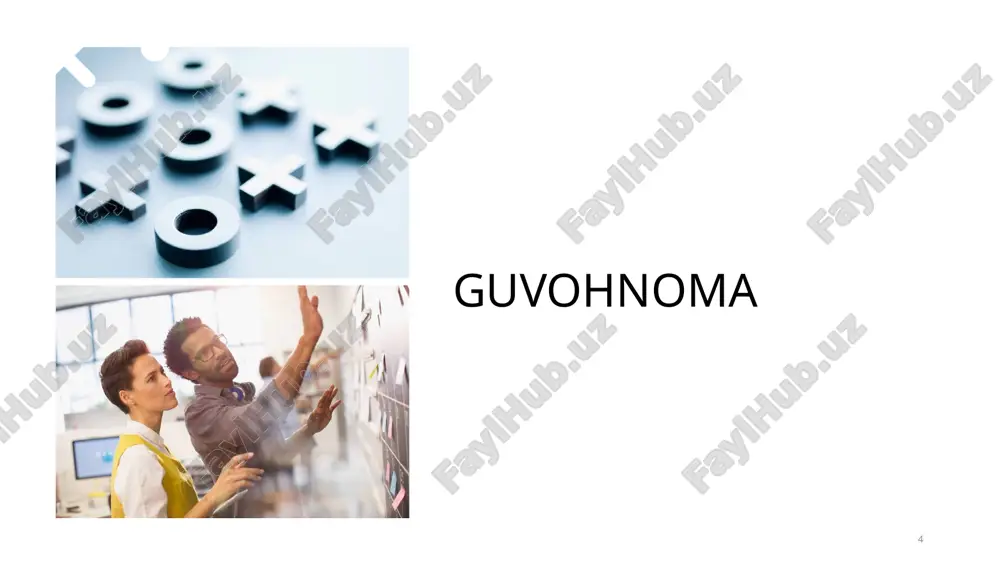 ng chap qismida 3x4 sm o‘lchamli fotosurat uchun ramka joylashtiriladi, yonidagi o‘ng tomonida oq fonda o‘zbekiston respublikasi gerbi tasviri bo‘ladi. 12 13 xizmat guvohnomalarining matni maxsus binolarda himoyalangan kompyuterda yoki tipografik usulda bosiladi. axborot bazasi mas’ul shaxsda saqlanadi va bino tashqarisiga chiqarilmaydi. xizmat guvohnomalari rahbarning imzolashi uchun faqat uni tayyorlashga mas’ul bo‘lgan shaxs tomonidan taqdim etiladi. guvohnomalarni tasdiqlash uchun foydalaniladigan muhr tegishli xizmat rahbarida saqlanadi va undan faqat rahbar ishtirokida foydalaniladi. qalbakilashtirishni istis- no etish maqsadida xizmat guvohnomasiga qo‘shimcha ravishda golografik va boshqa himoya belgisi qo‘yilishi mumkin. matn davlat tili (o‘ng tomonida) va ingliz (chap tomonida) bir xil mazmunda to‘ldiriladi. xizmat guvohnomalarini berish va qaytarishni hisobga olish daftari (davlat va xo‘jalik boshqaruvi organi, mahalliy davlat hokimiyati organi nomi, boshlash va tugatish sanasi). xizmat guvohnomalarini berish va qaytarish maxsus daftarlarda ro‘yxatdan o‘tkaziladi. ularda guvohnomaning egasi, guvohnomaning, blankaning tartib raqami, guvohnoma berilgan sana, uning amal qilish muddati, u berilganligi va qaytarilganligi to‘g‘risidagi …